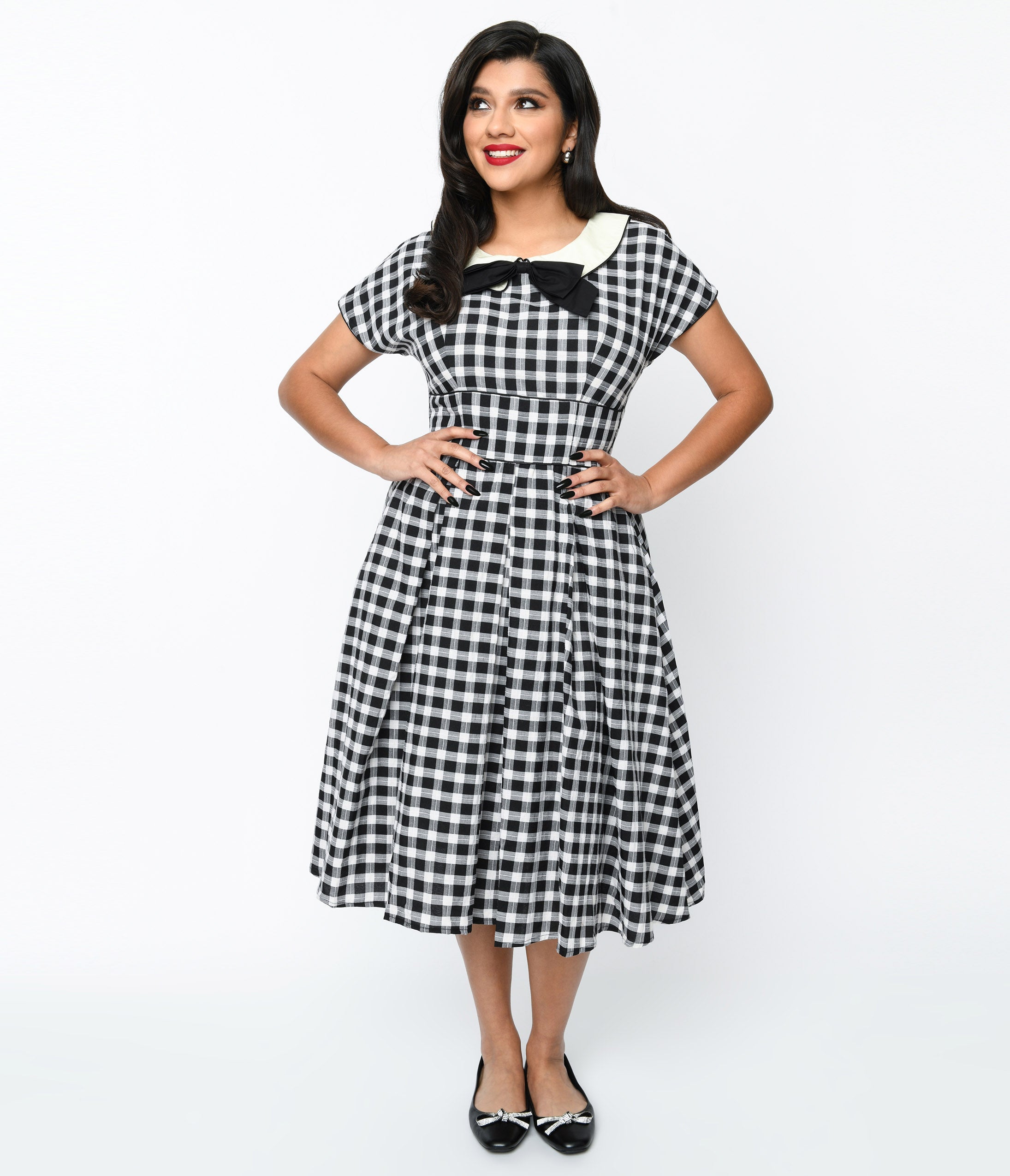 Unique Vintage 1950s White & Black Gingham Swing Dress