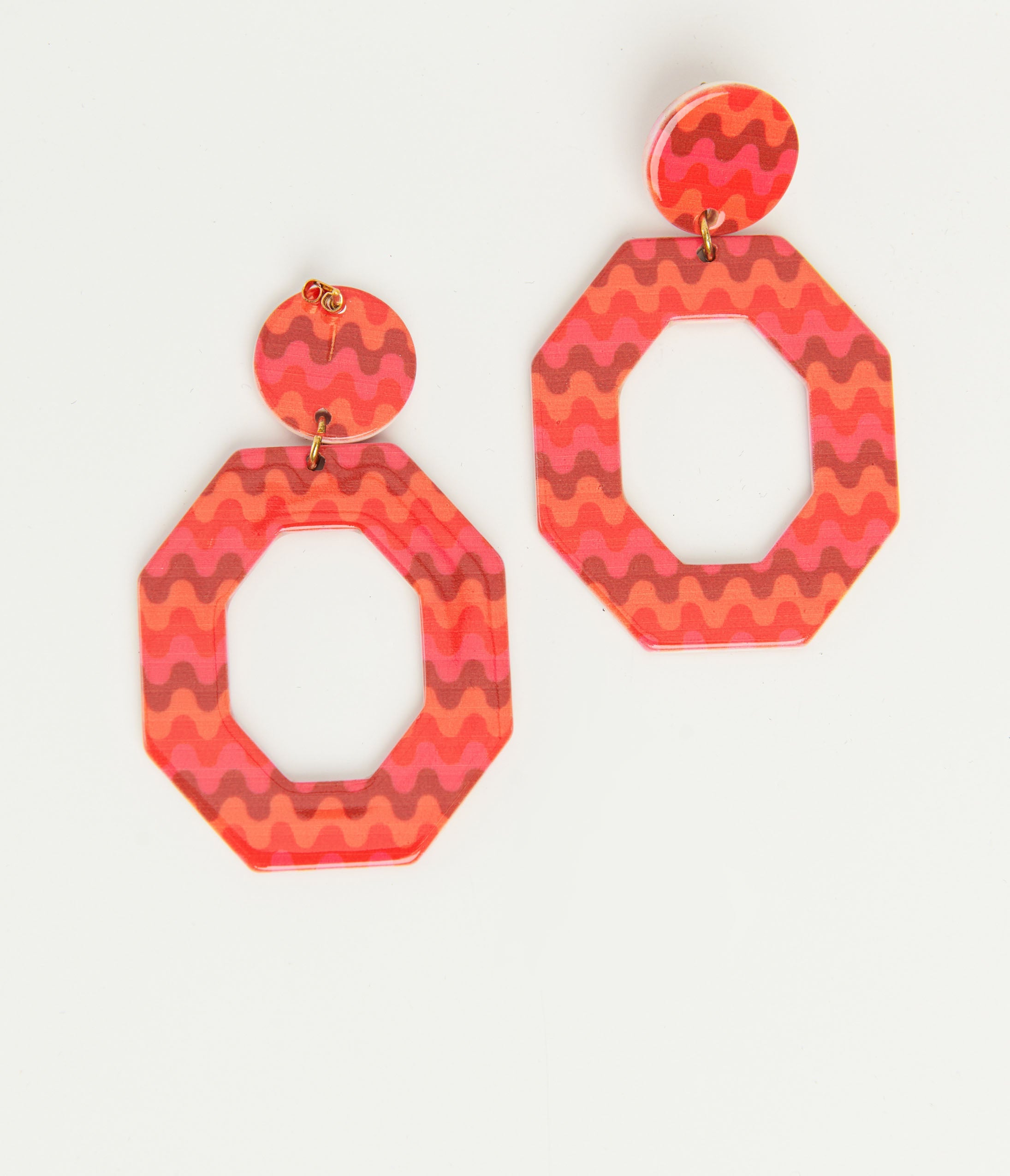 1970s Orange & Red Chevron Octagon Earrings