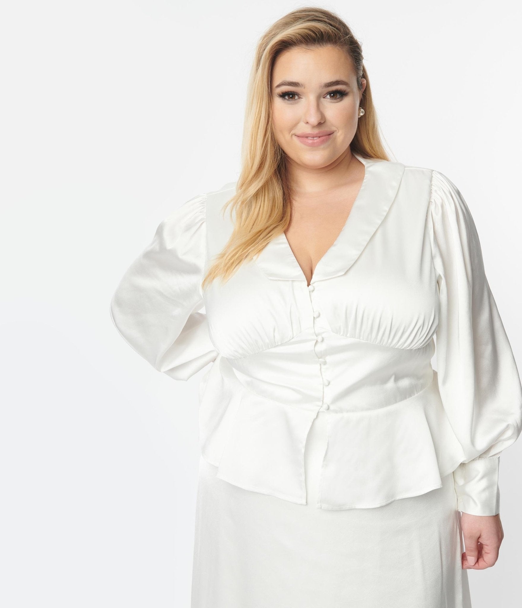 Plus Size Ivory Long Sleeve Blouse & Midi Skirt Bridal Set