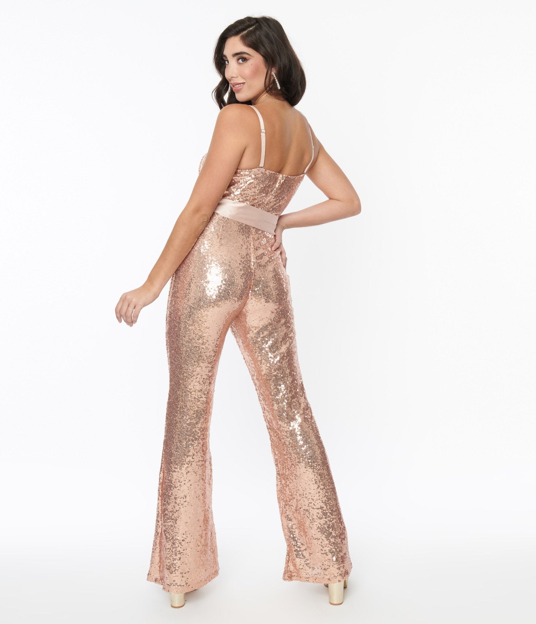 Unique Vintage Rose Gold Sequin Flare Jumpsuit