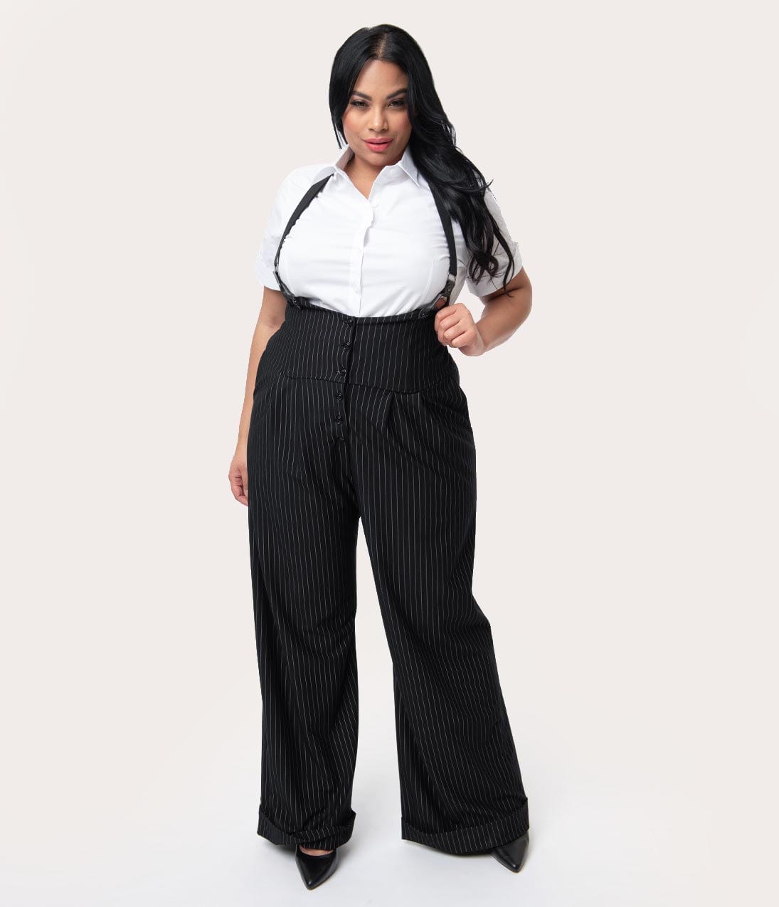 Unique Vintage Plus Size 1930s Black & White Pin Stripe Thelma Suspender Pants