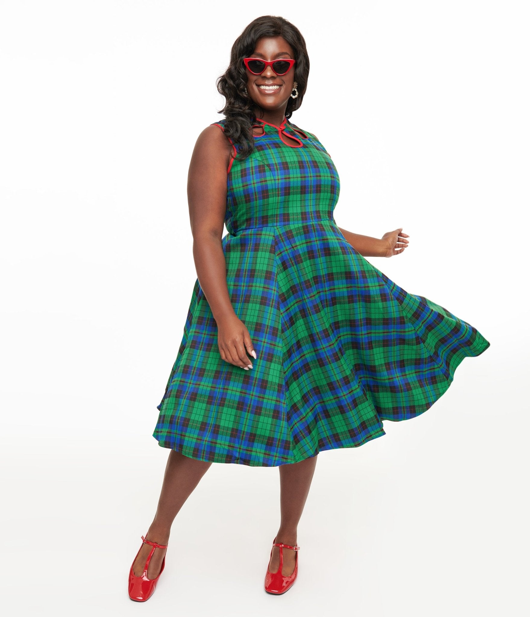 Banned Plus Size 1950s Green & Blue Check Swing Dress