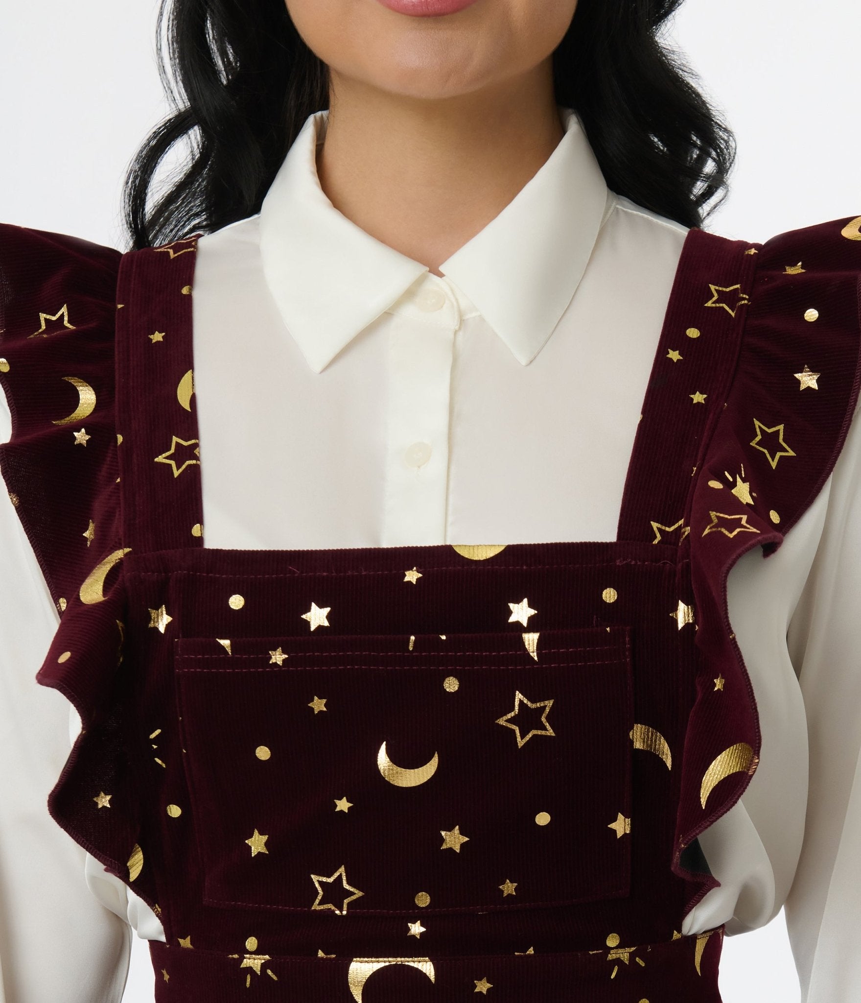 Unique Vintage Burgundy & Gold Moon & Star Corduroy Ruffle Pinafore