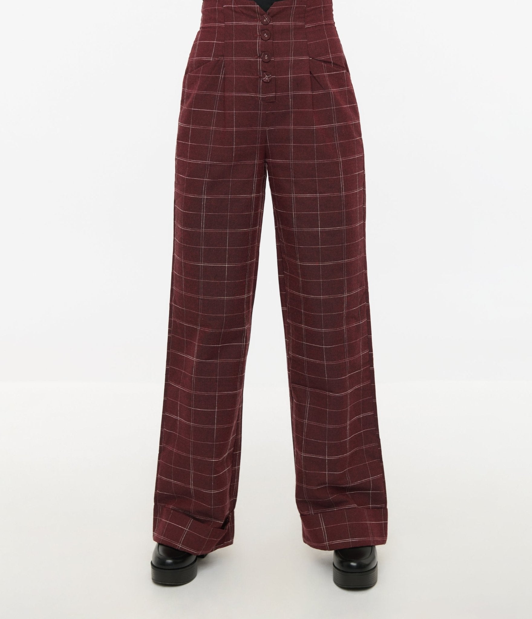 Unique Vintage 1940s Burgundy Windowpane Buttoned Wide Leg Trousers