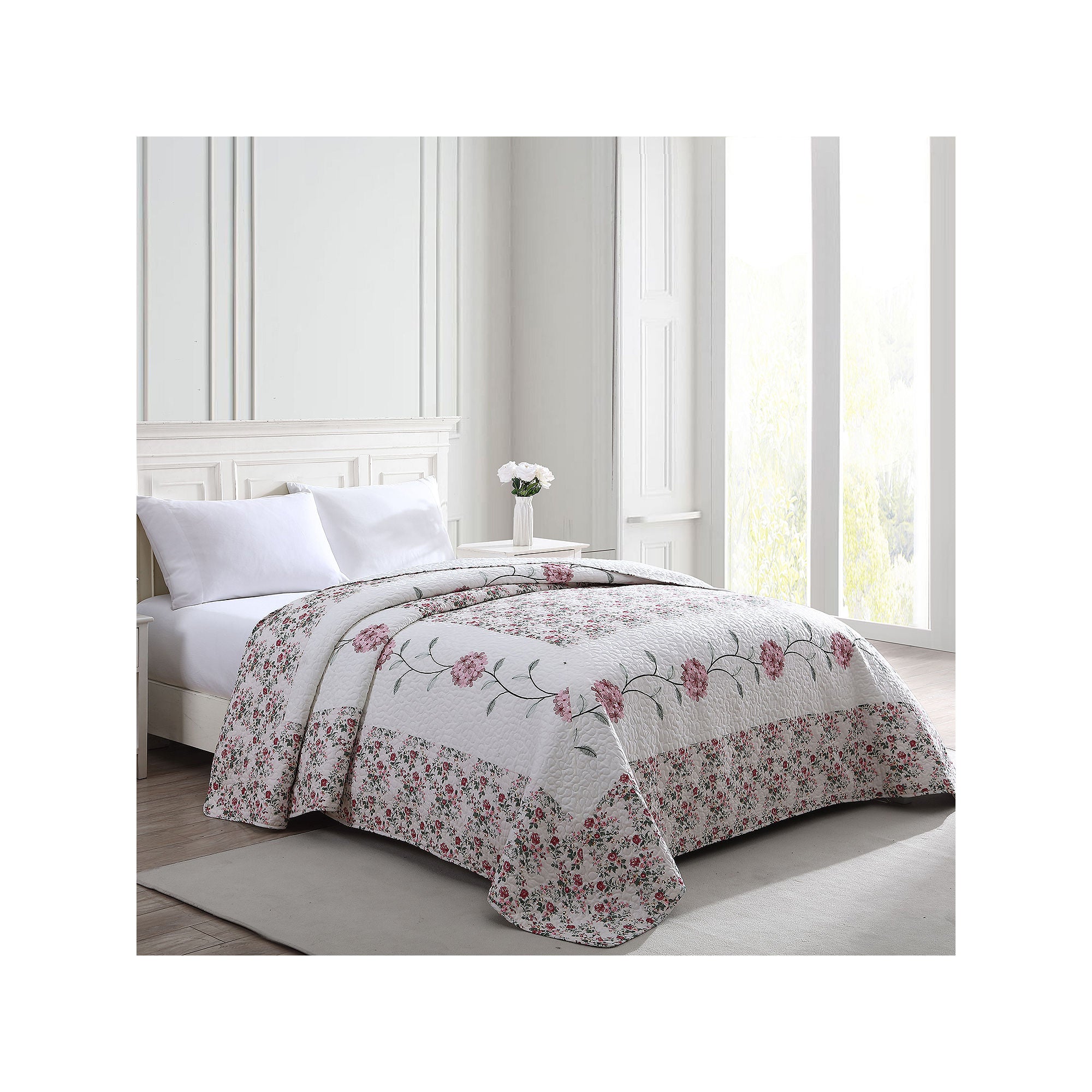 Beatrice Home Fashions Carnation Embroidered Bedspread - Rose