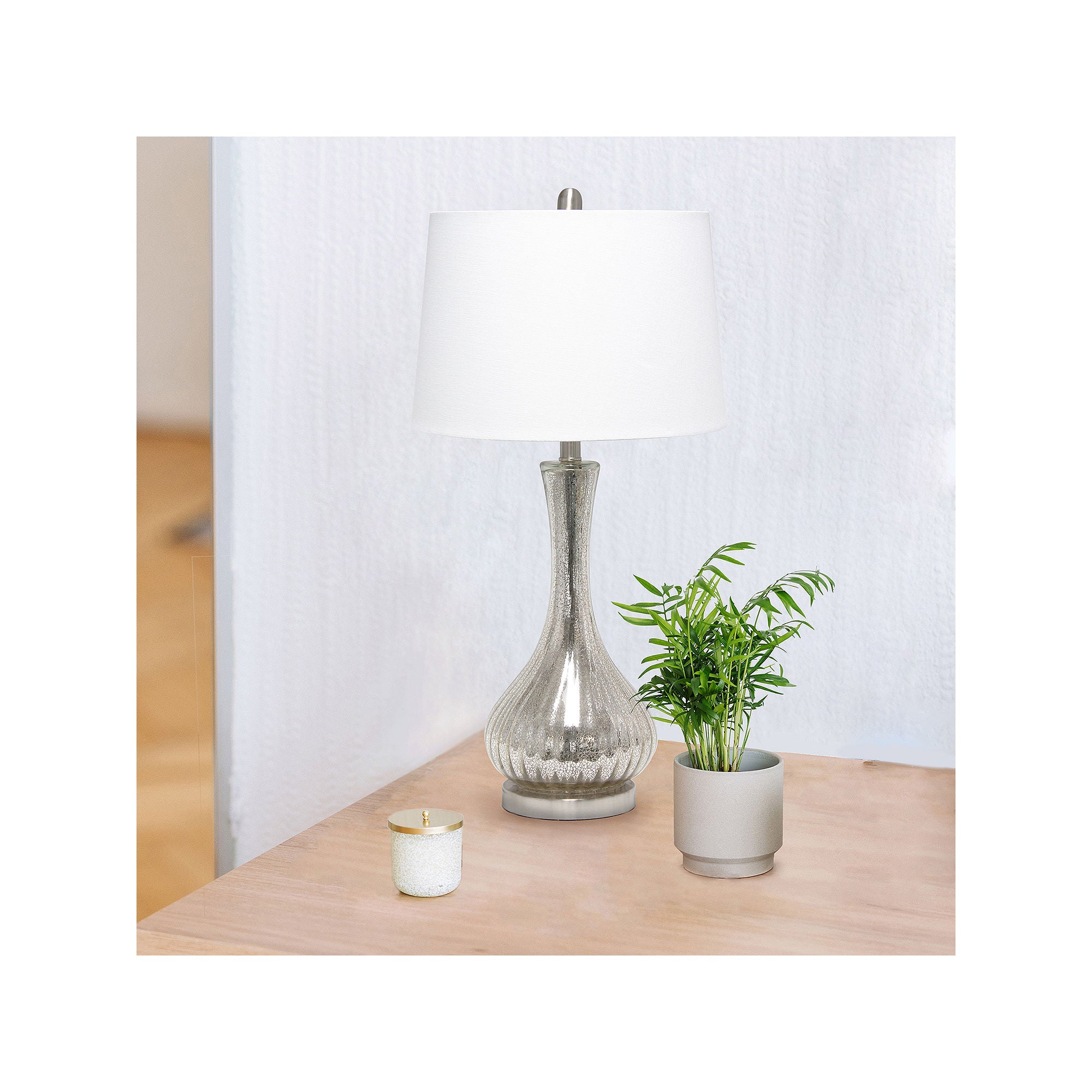 All The Rages Lalia Home Speckled Mercury Tear Drop Table Lamp with White Fabric Shade