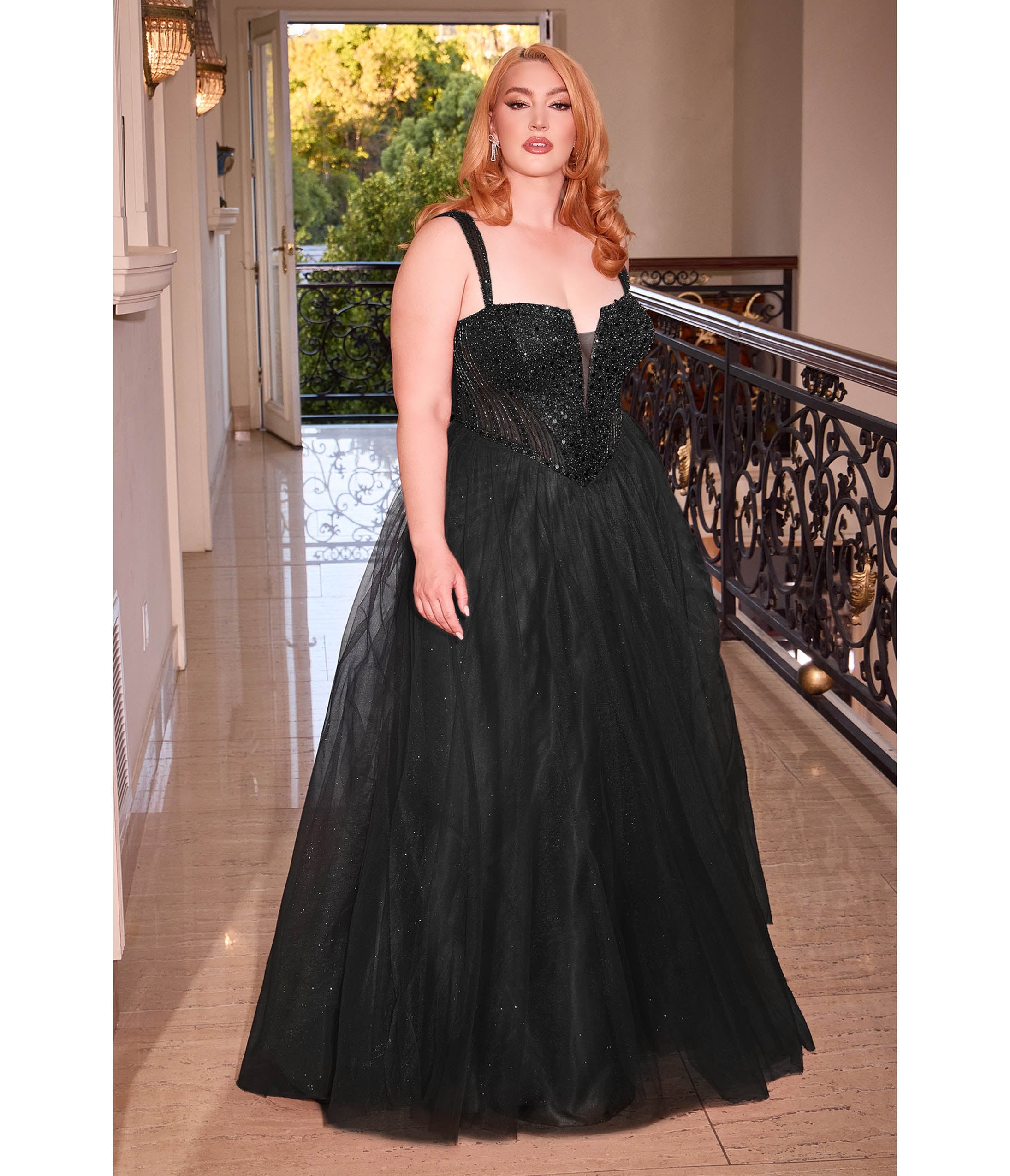 Ladivine by Cinderella Divine Plus Size Black Glitter Bodice & Tulle Prom Ball Gown