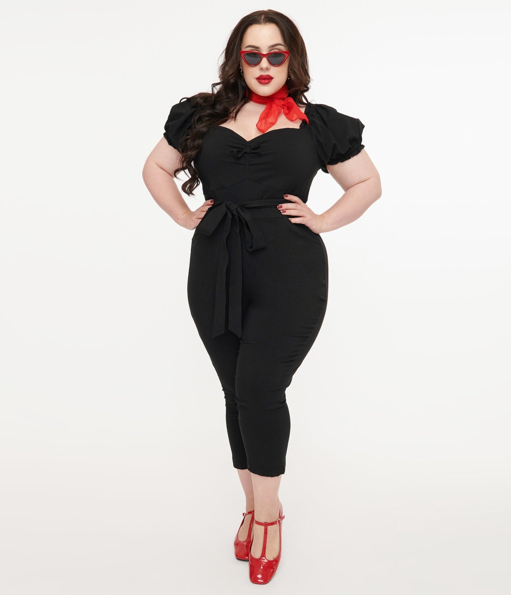 Unique Vintage Plus Size Solid Black Belted Jumpsuit