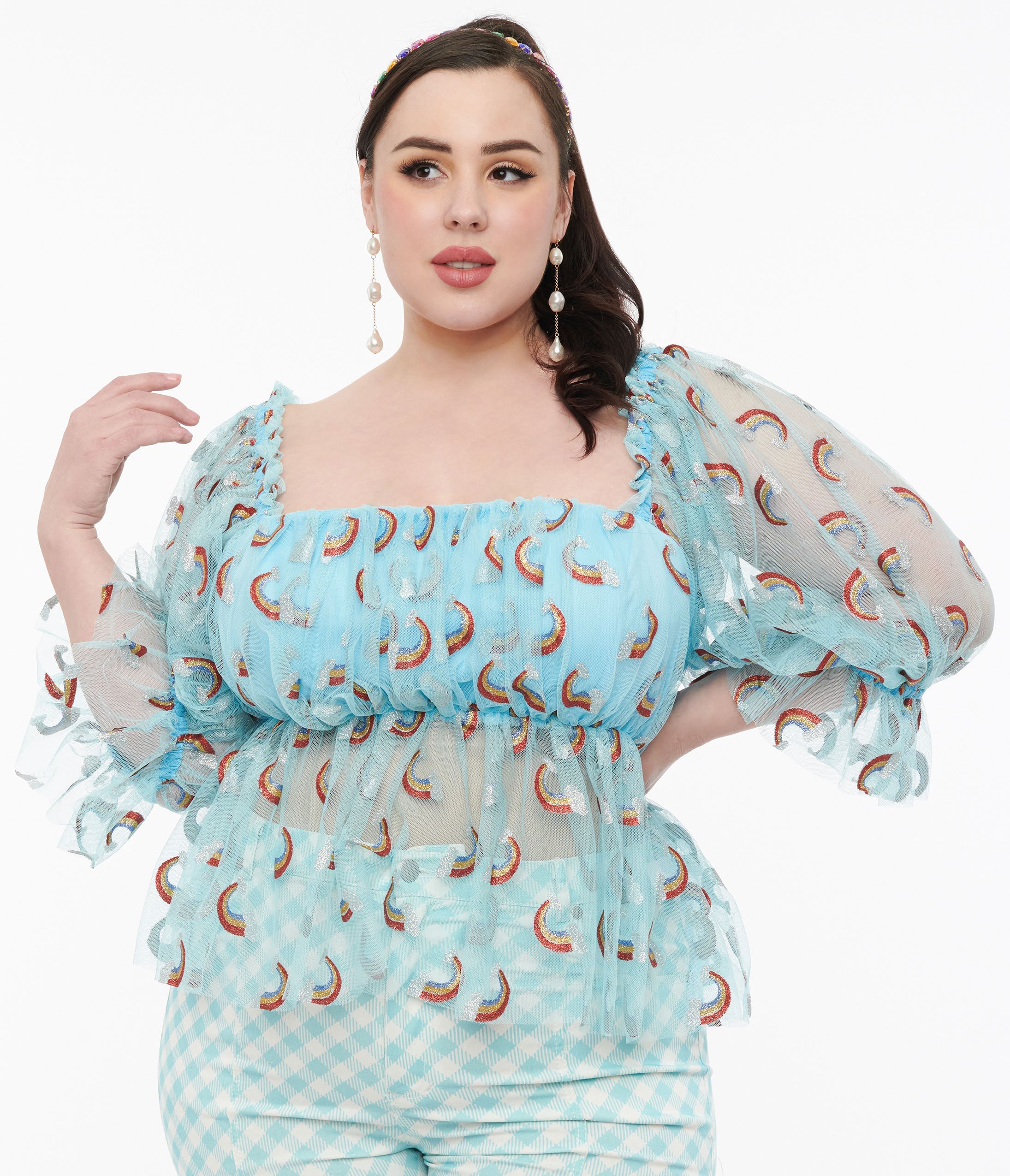 Smak Parlour Plus Size 1960s Sky Blue & Glitter Rainbow Mesh Ruffle Babydoll Top