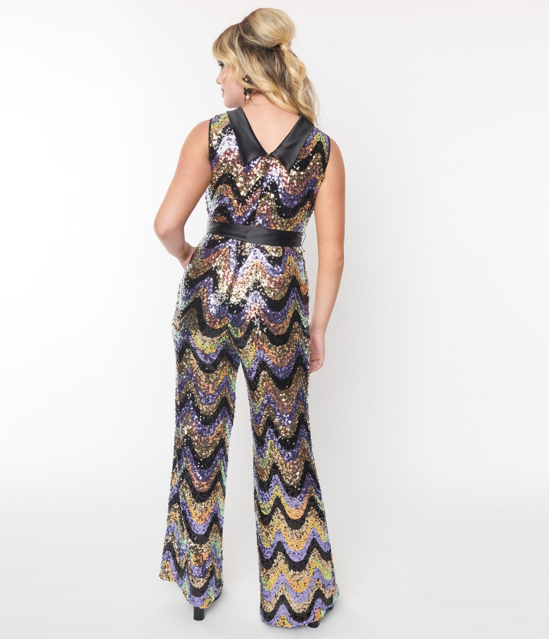 Smak Parlour Multicolor Zig Zag Sequin Cowl Neck Jumpsuit