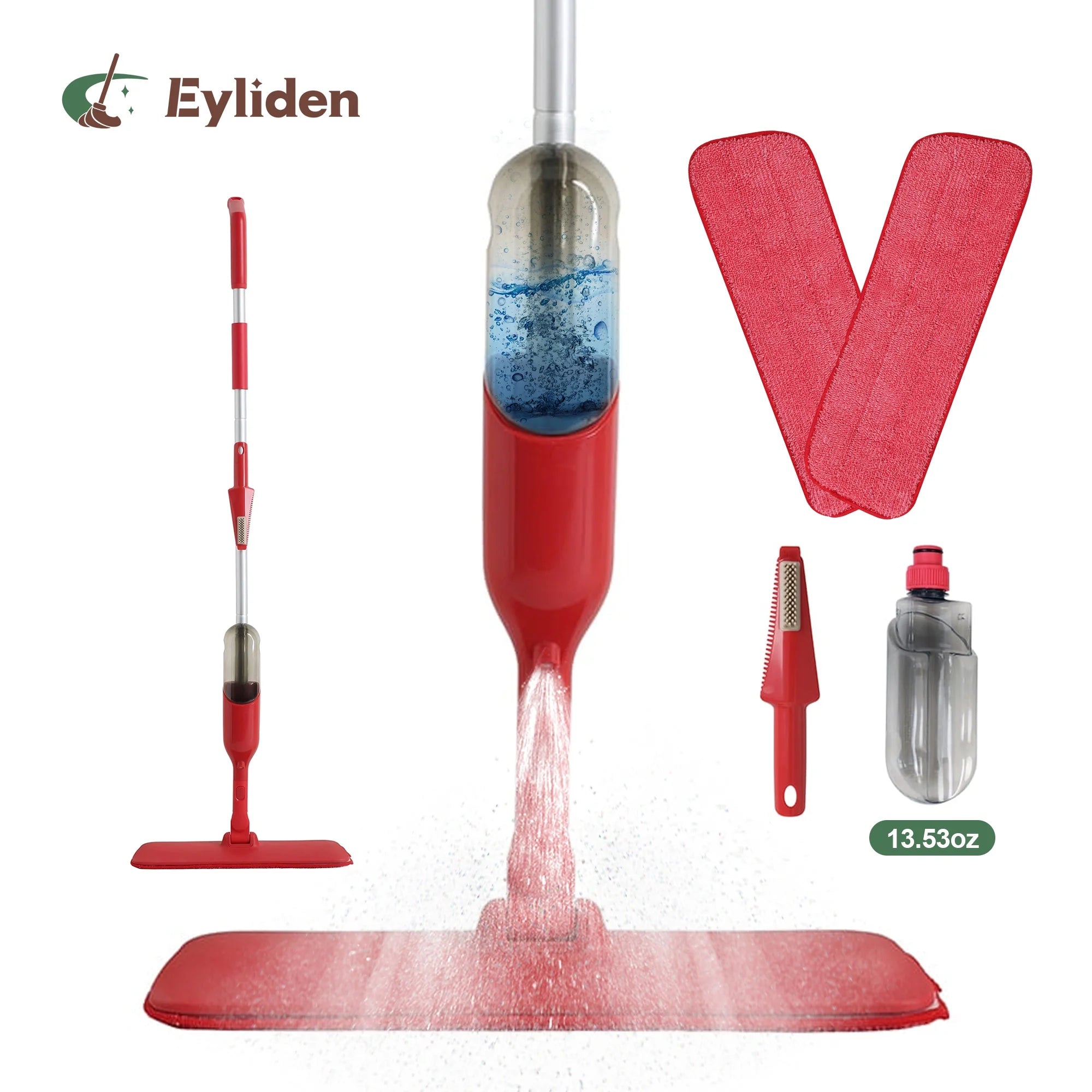 Eyliden Spray Wet Mop With 2 Microfiber Mop Pads For Wood, Tile, Marble Floor Cleaning, Red