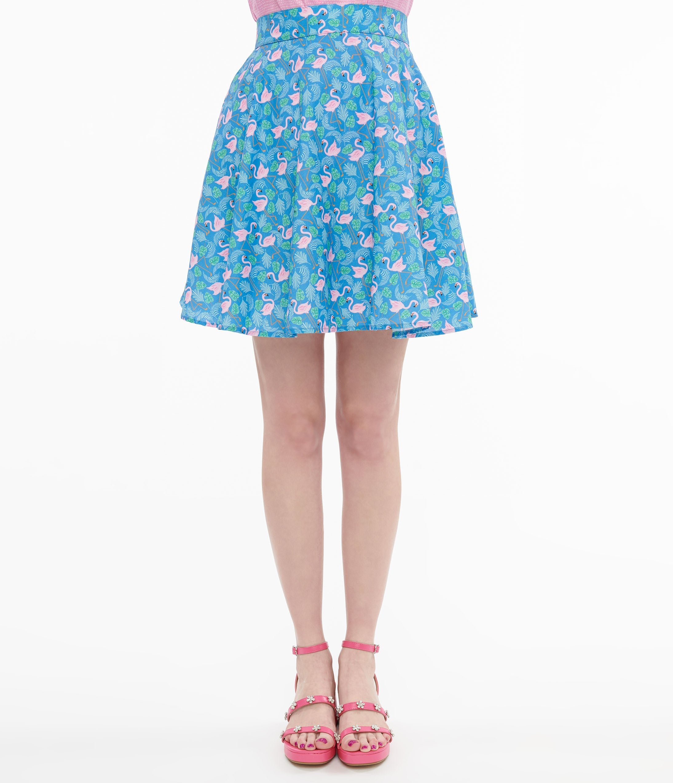 Retrolicious 1950s Blue & Pink Flamingo Print Cotton Skater Skirt