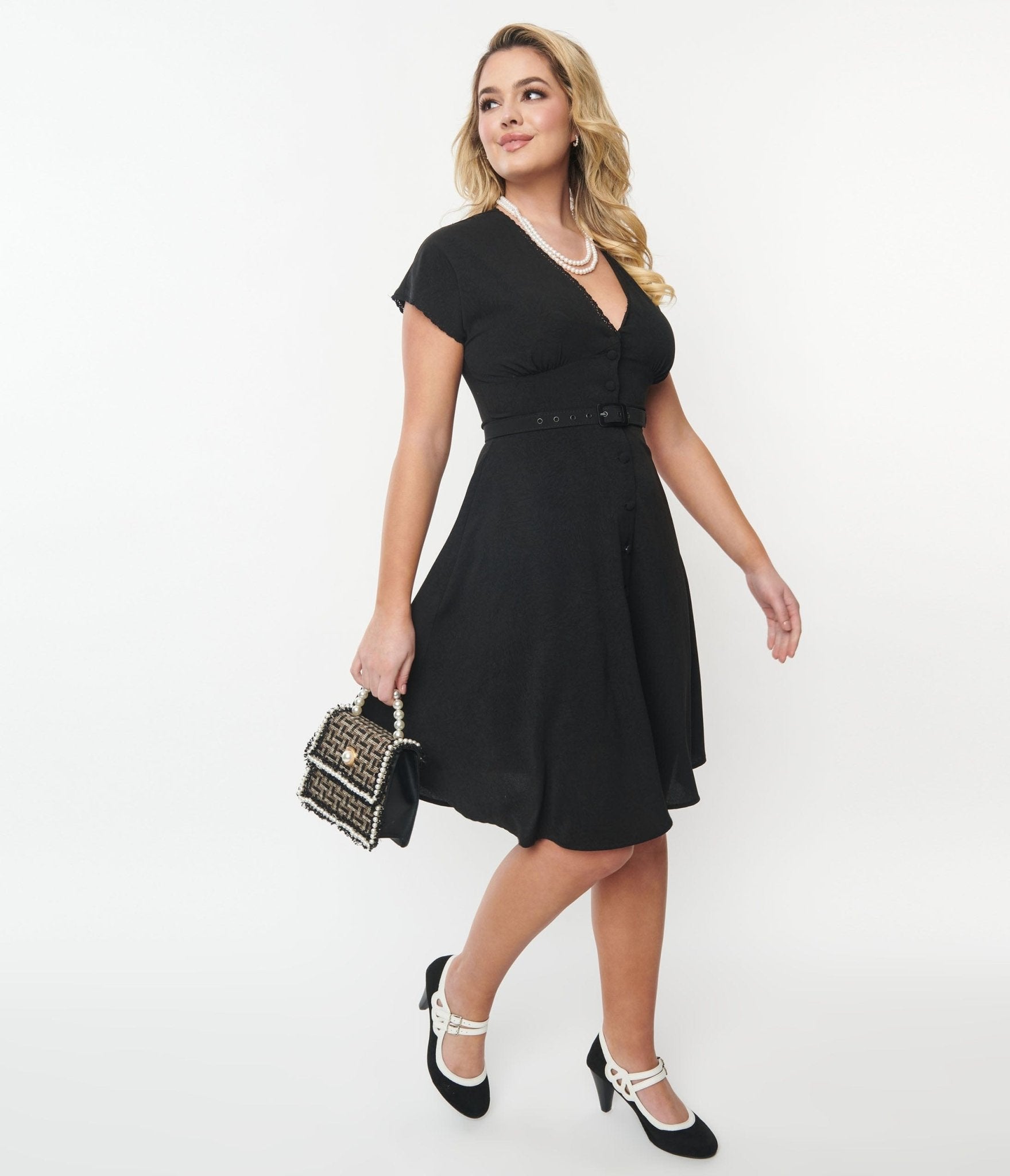 Unique Vintage Black Belted Swing Dress