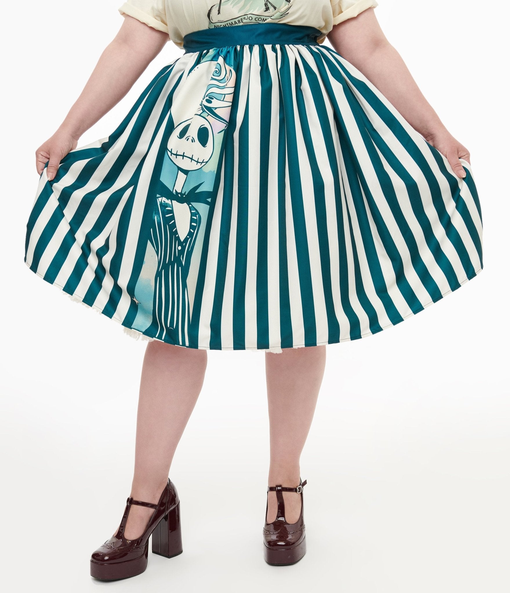 Tim Burton's The Nightmare Before Christmas by Unique Vintage Plus Size Teal & White Striped Jack Skellington Gellar Swing Skirt