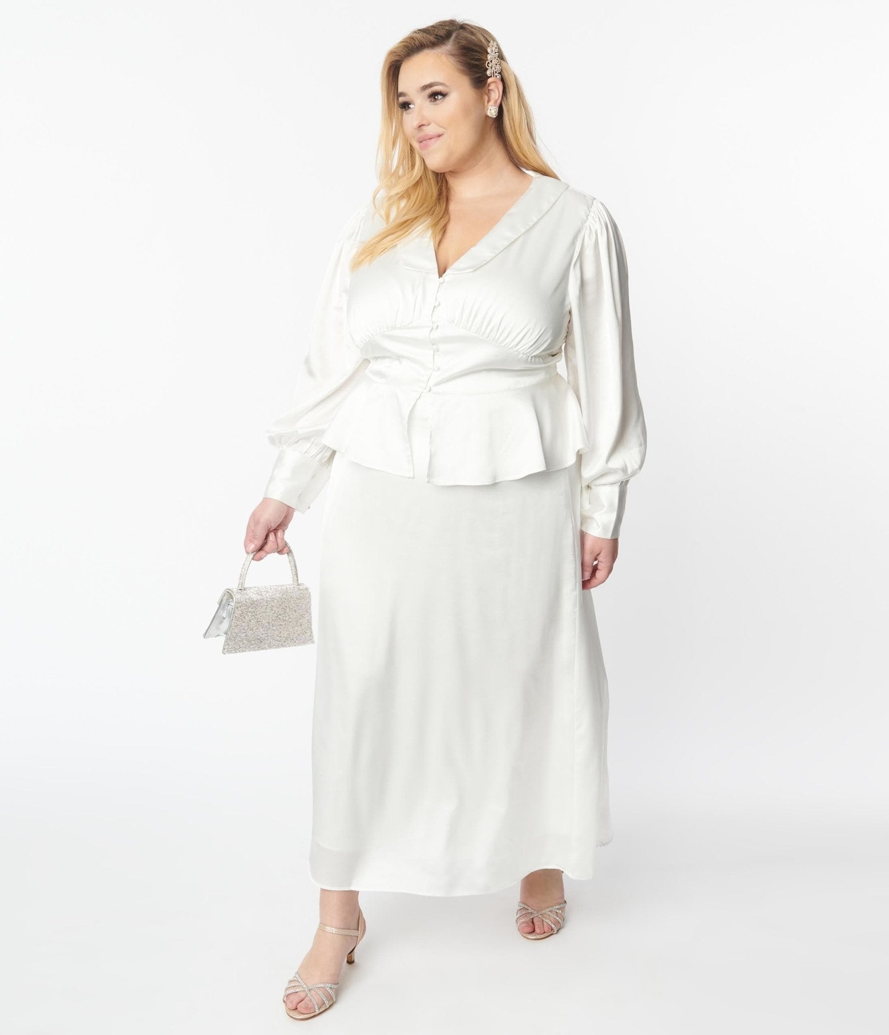 Plus Size Ivory Long Sleeve Blouse & Midi Skirt Bridal Set