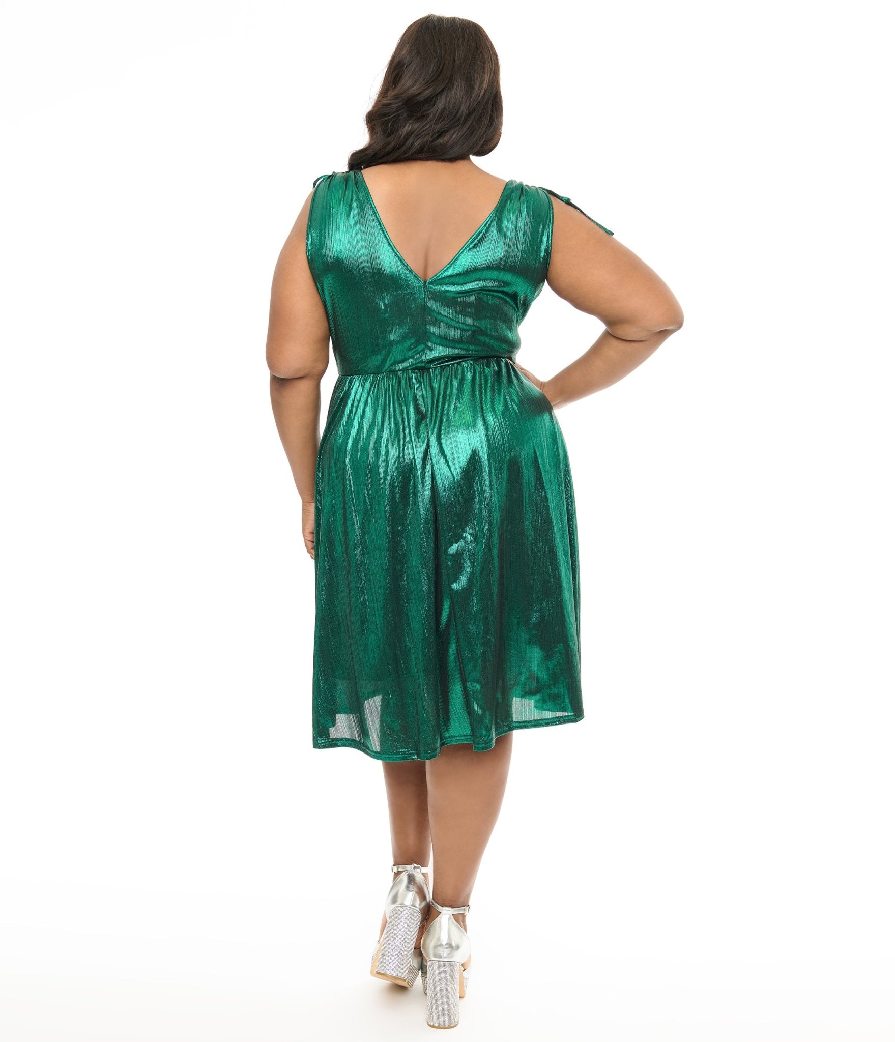 Hell Bunny Plus Size 1970s Green Metallic Gigi Midi Dress