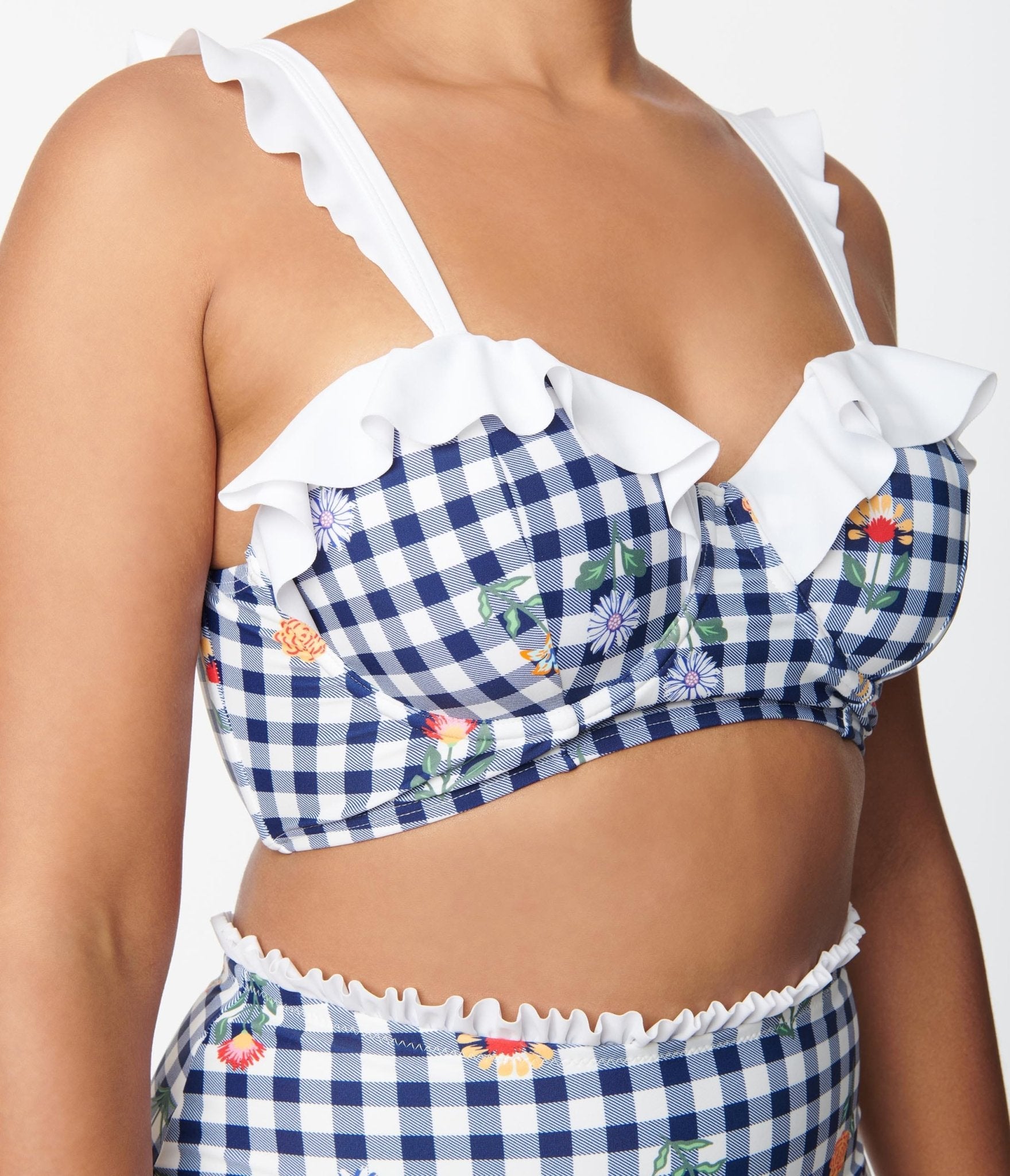 Unique Vintage Navy Gingham & Floral Southampton Swim Top