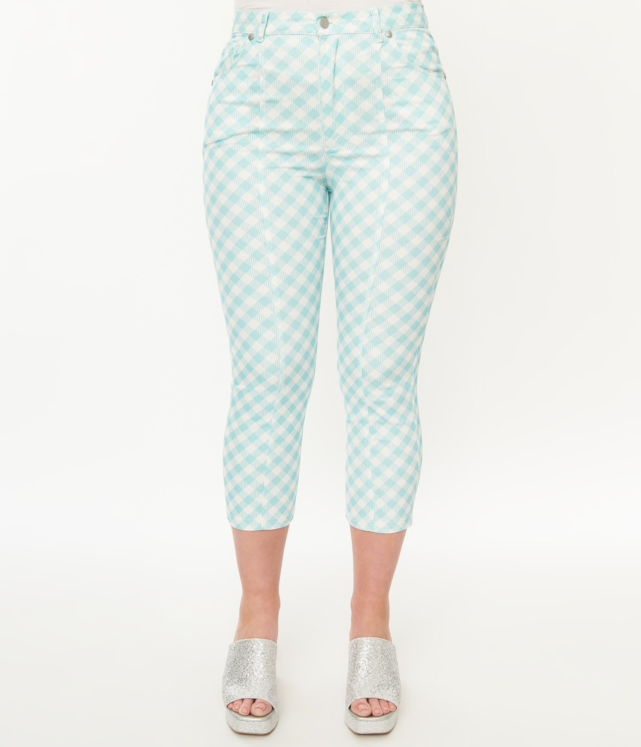 Smak Parlour Light Blue & White Gingham Capri Pants