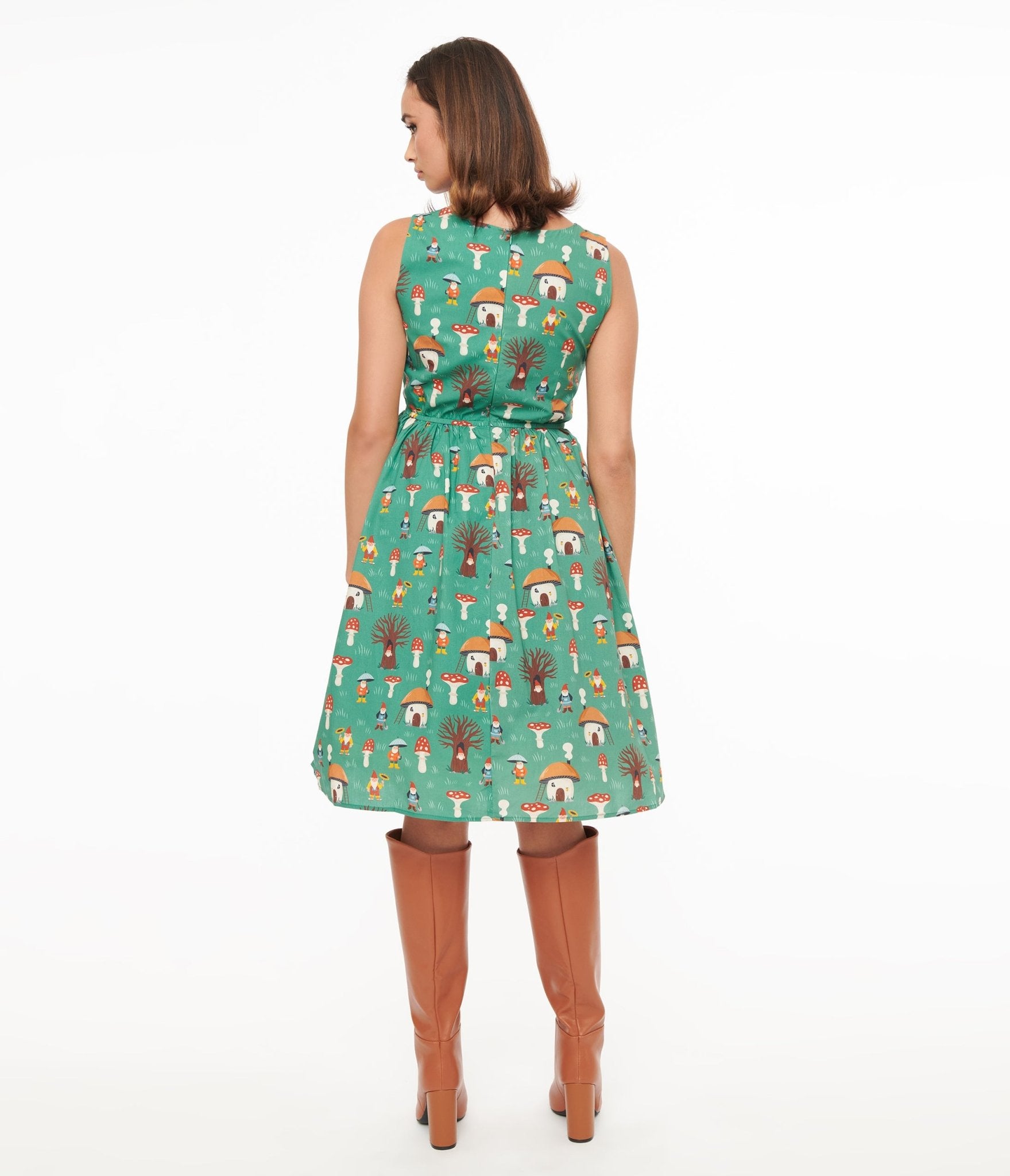 1950s Green Mushroom Cottage Cotton Swing Dress