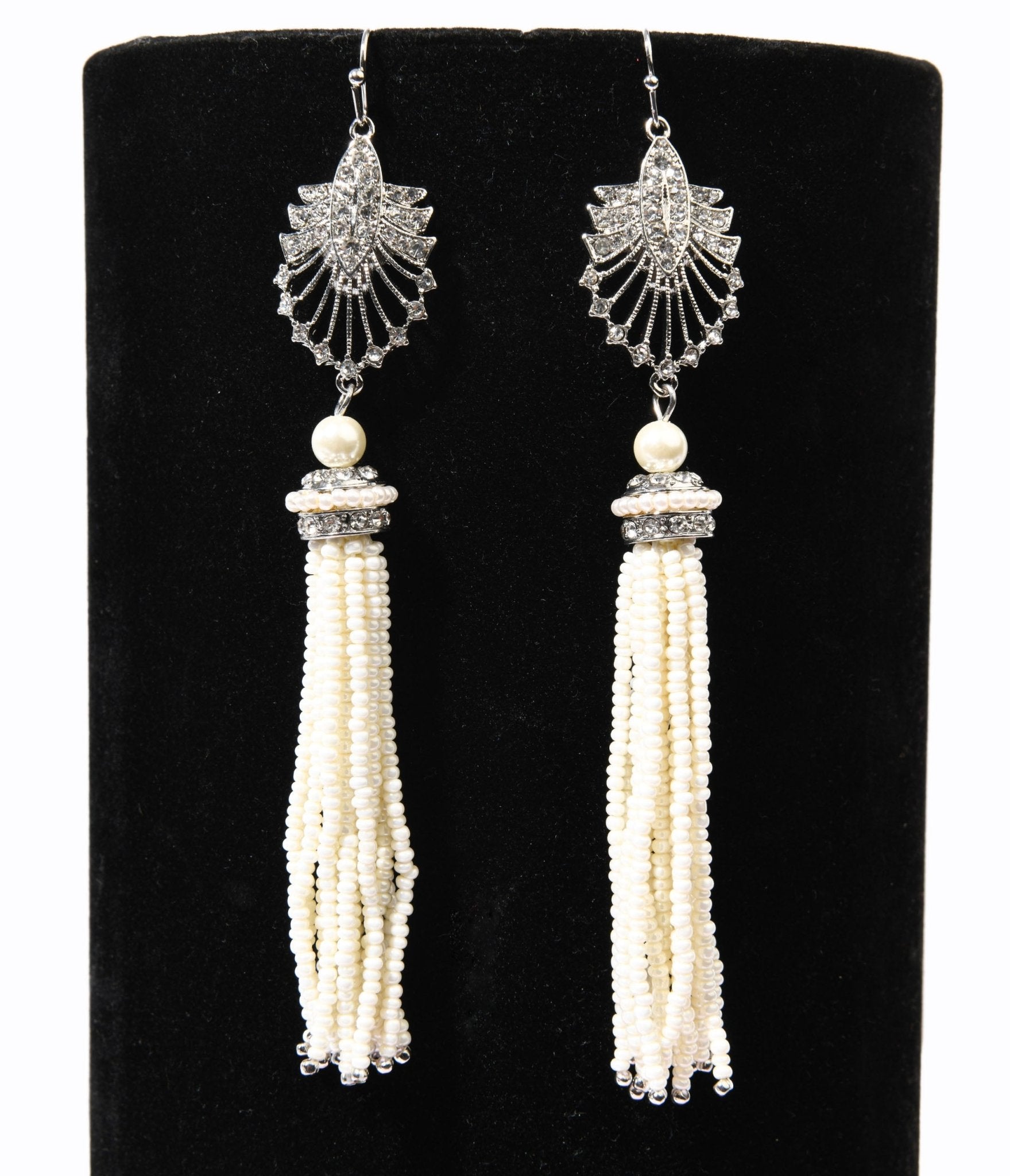 1920s Silver & White Beaded Deco Tassel Dangle Earrings