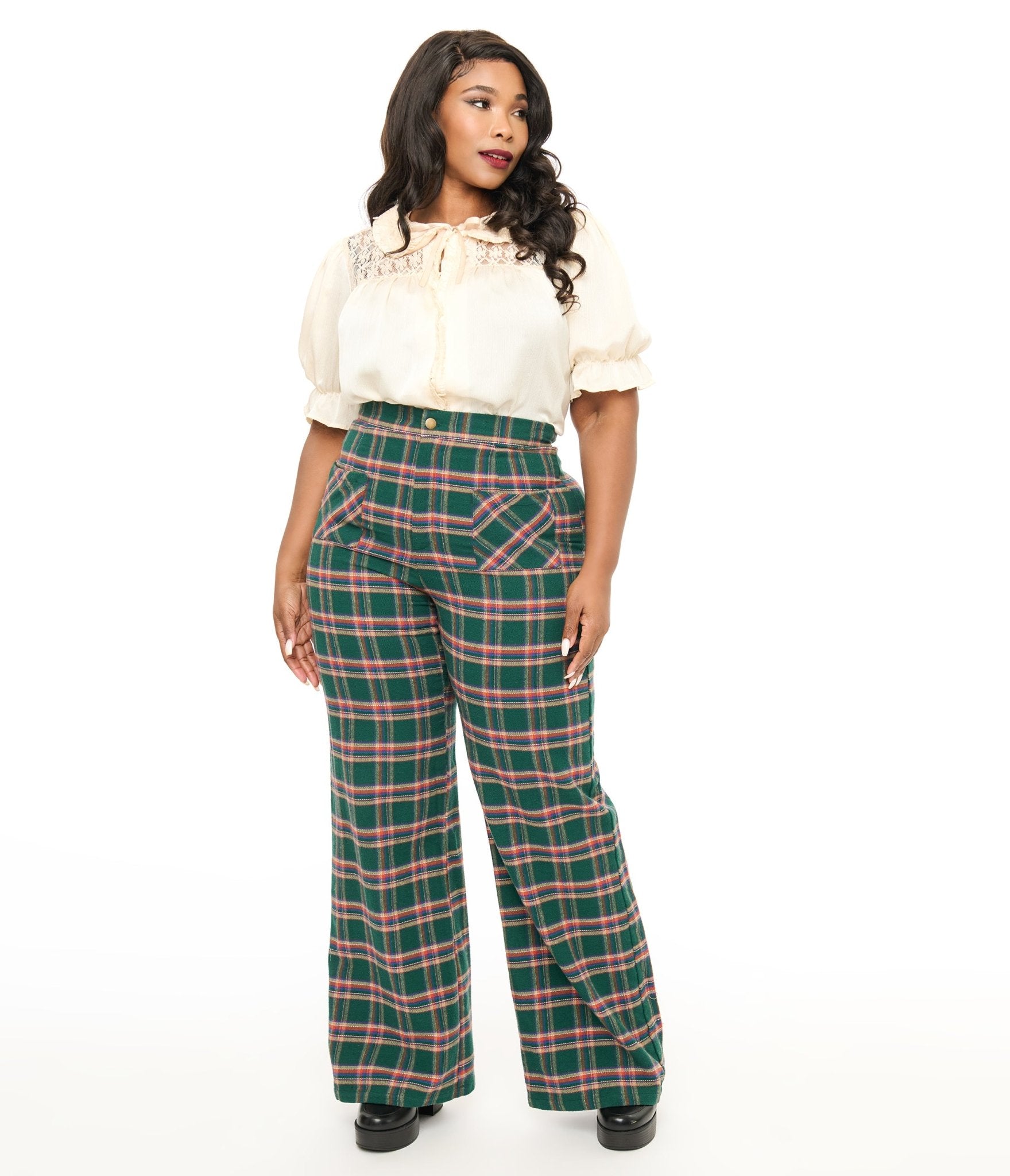 Smak Parlour Plus Size 1960s Green & Red Plaid Wide Leg Trousers