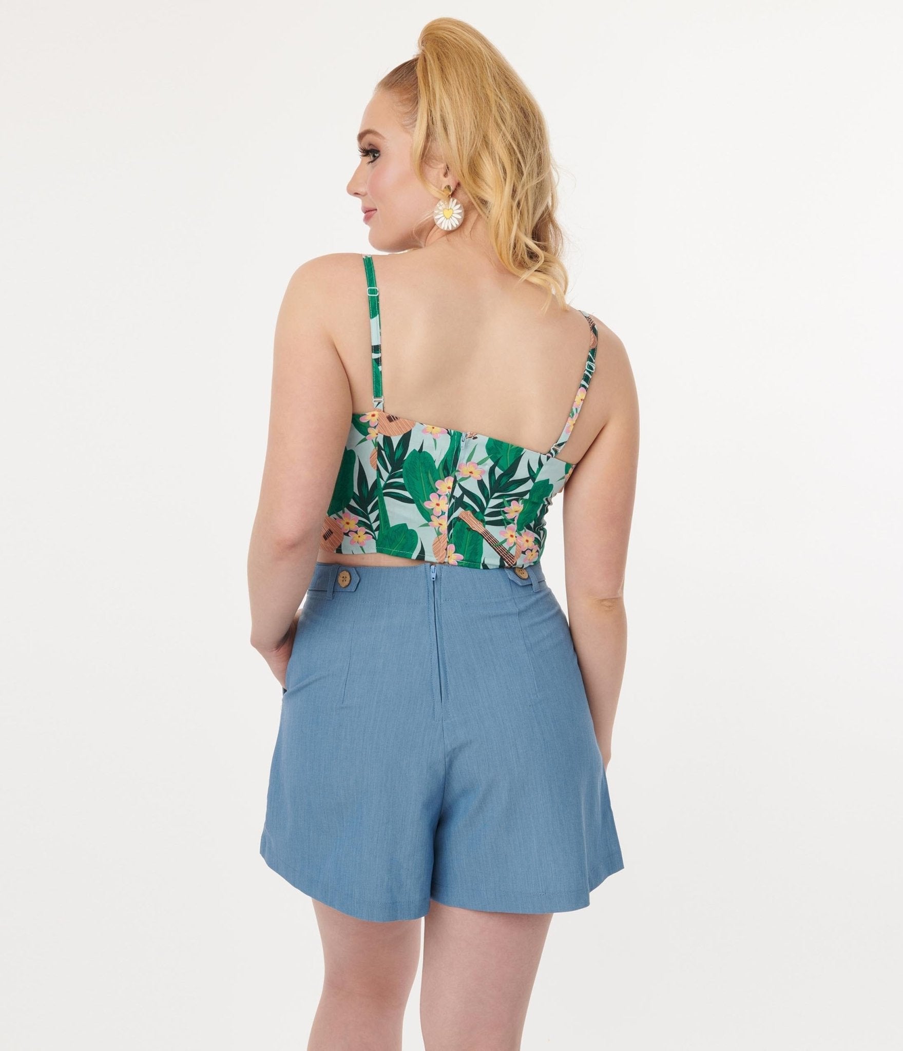 Hell Bunny Light Blue & Green Tropical Ululani Crop Top