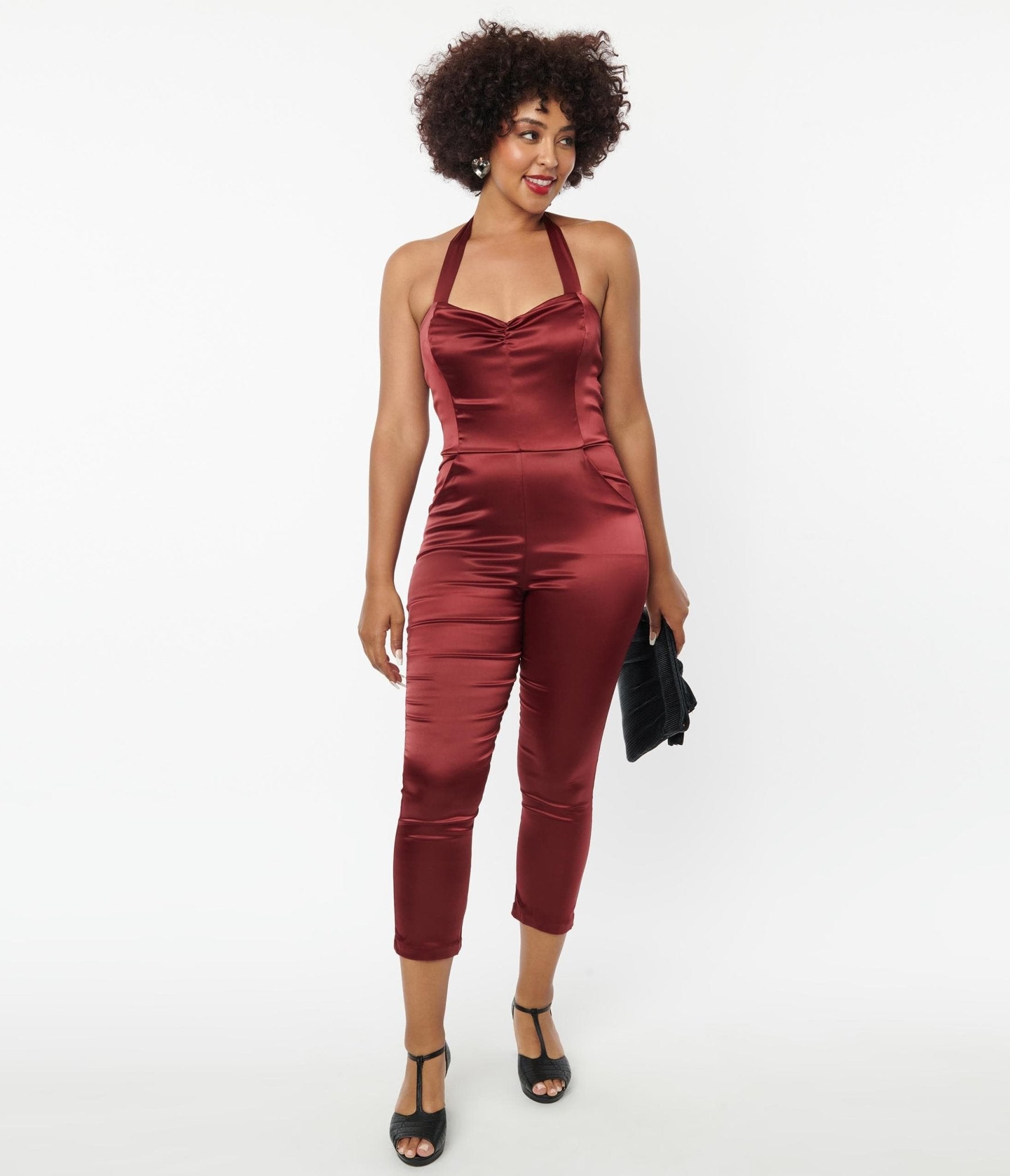 Unique Vintage 1970s Wine Satin Marcel Jumpsuit