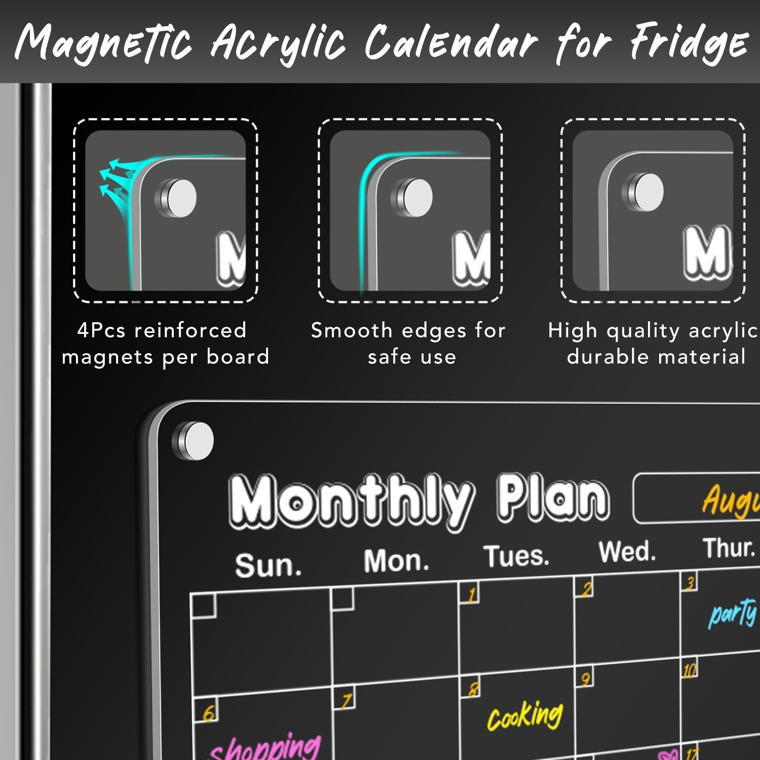 DIYMAG 3Pack Acrylic Magnetic Dry Erase Calendar for Fridge, Clear Acrylic Calendar Planning Board Set Magnetic Weekly Monthly Planner Memo Board for Refrigerator with 6 Highlight