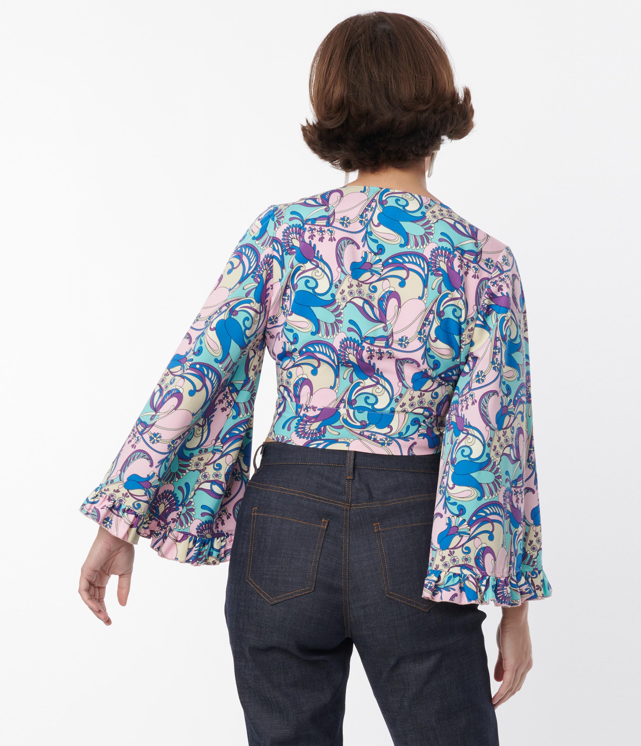 Smak Parlour Blue & Purple Psychedelic Floral Belva Crop Blouse