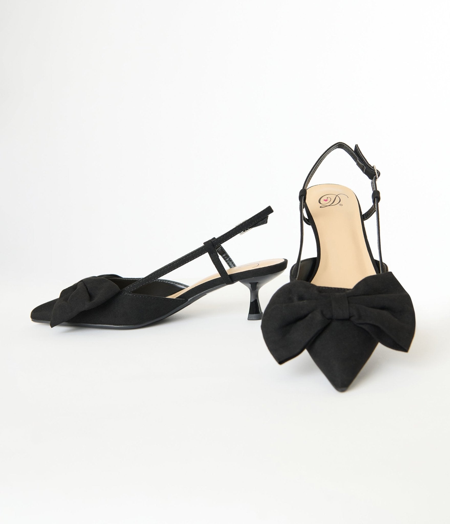 Black Suede Bow Kitten Slingback Heels