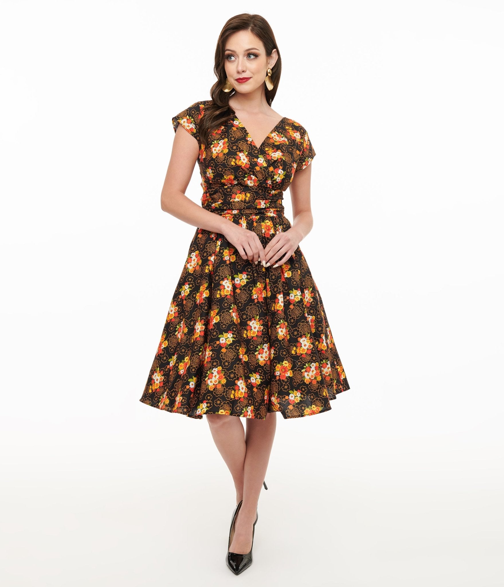 Retrolicious 1950s Brown Floral Cotton Greta Swing Dress