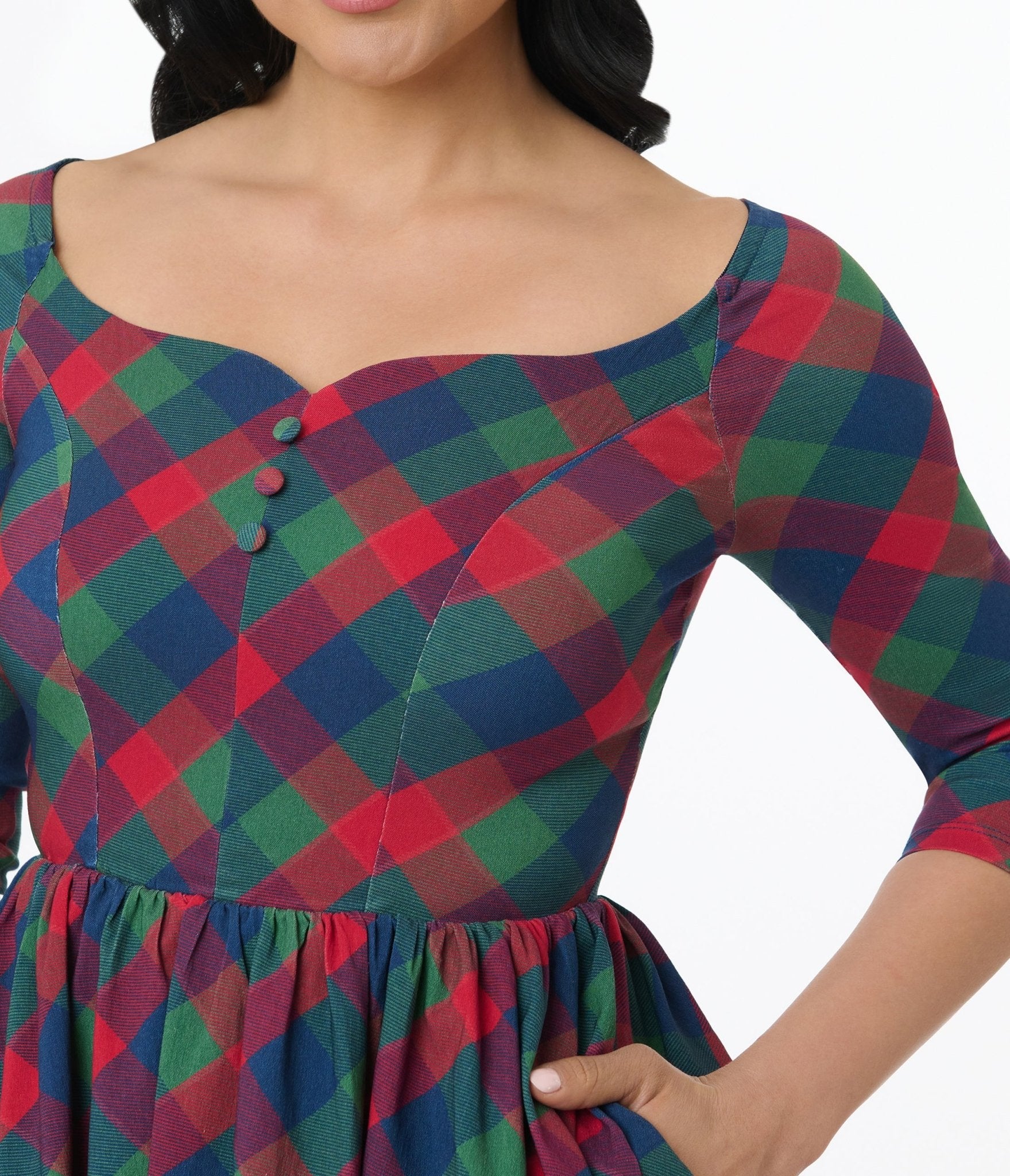 Unique Vintage 1950s Green & Red Plaid Sweetheart Swing Dress