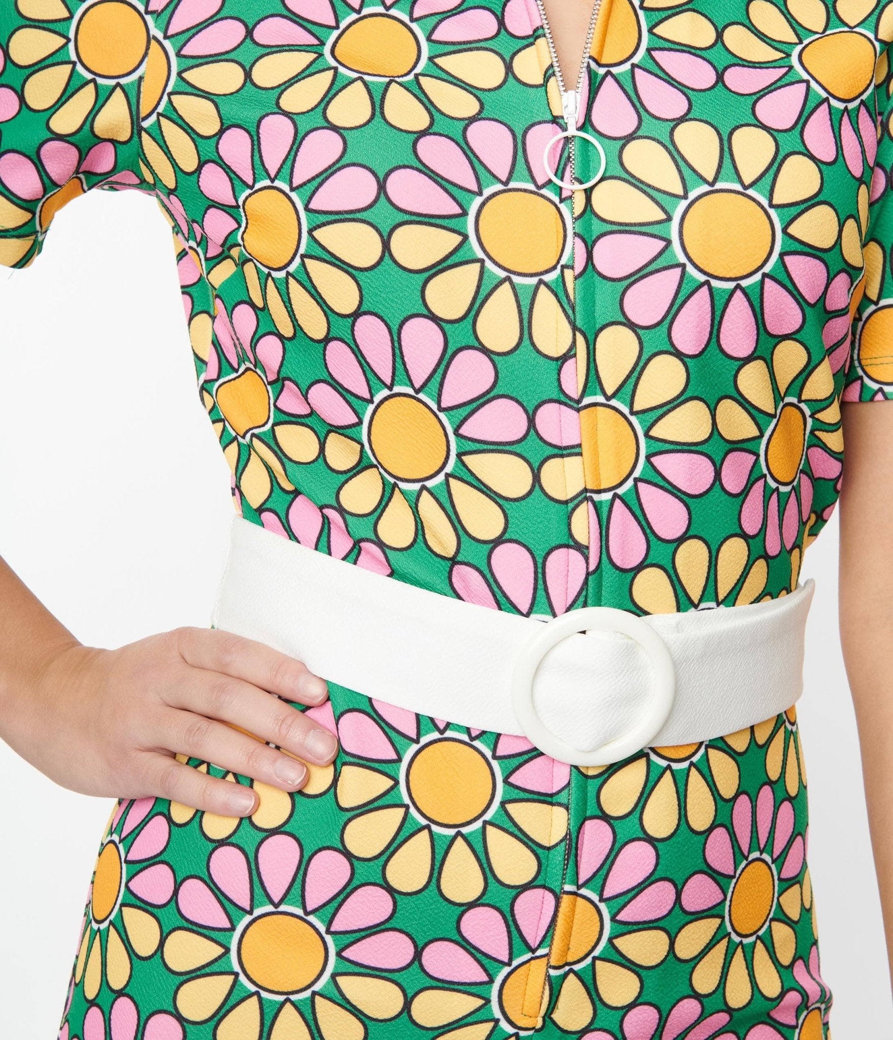 Smak Parlour Green & Pink Mod Daisy Belted Romper