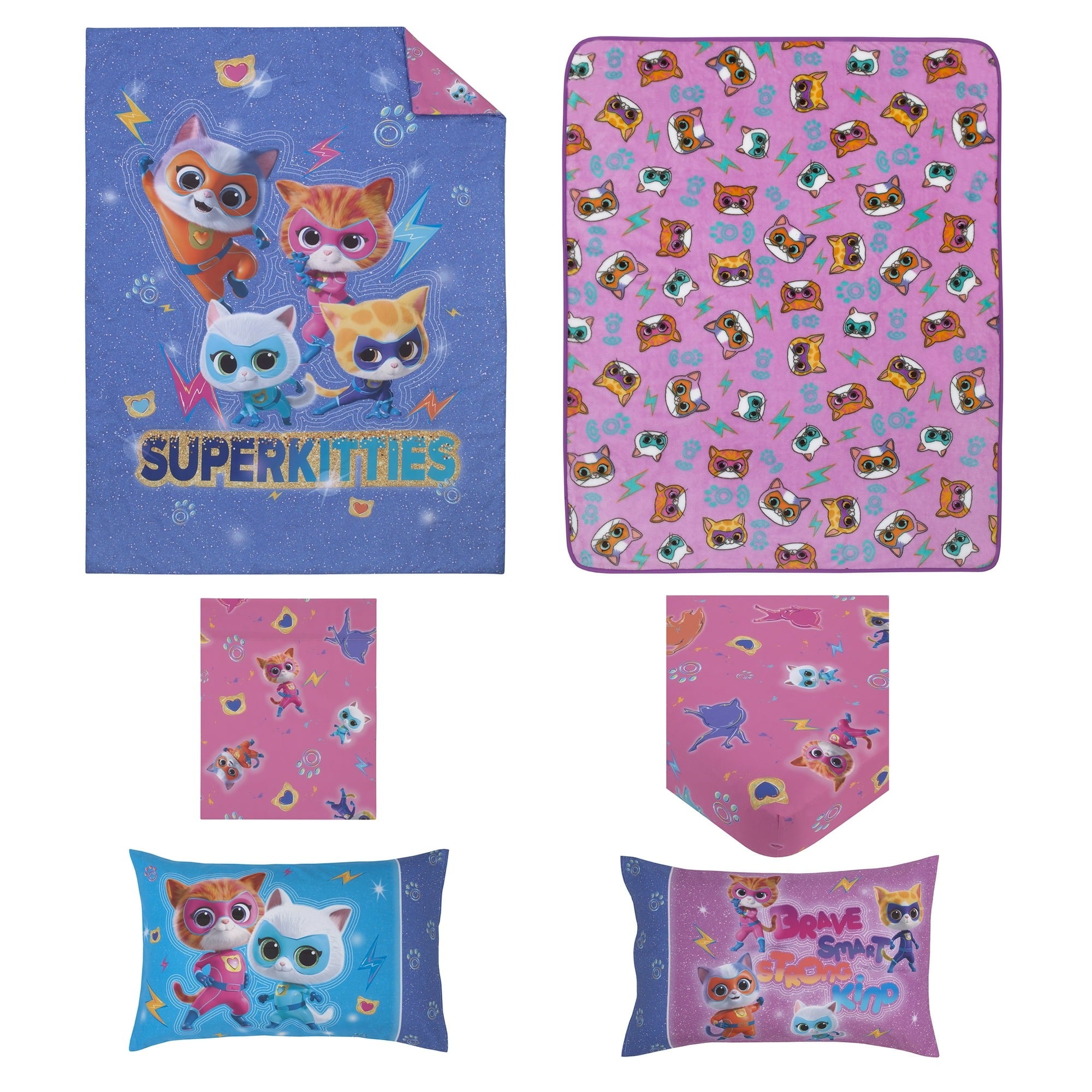 Disney 6907505R Super Kitties 5-Pc Toddler Bed Set-Comforter, Top and Bottom Sheet, Pillowcase, Blanket