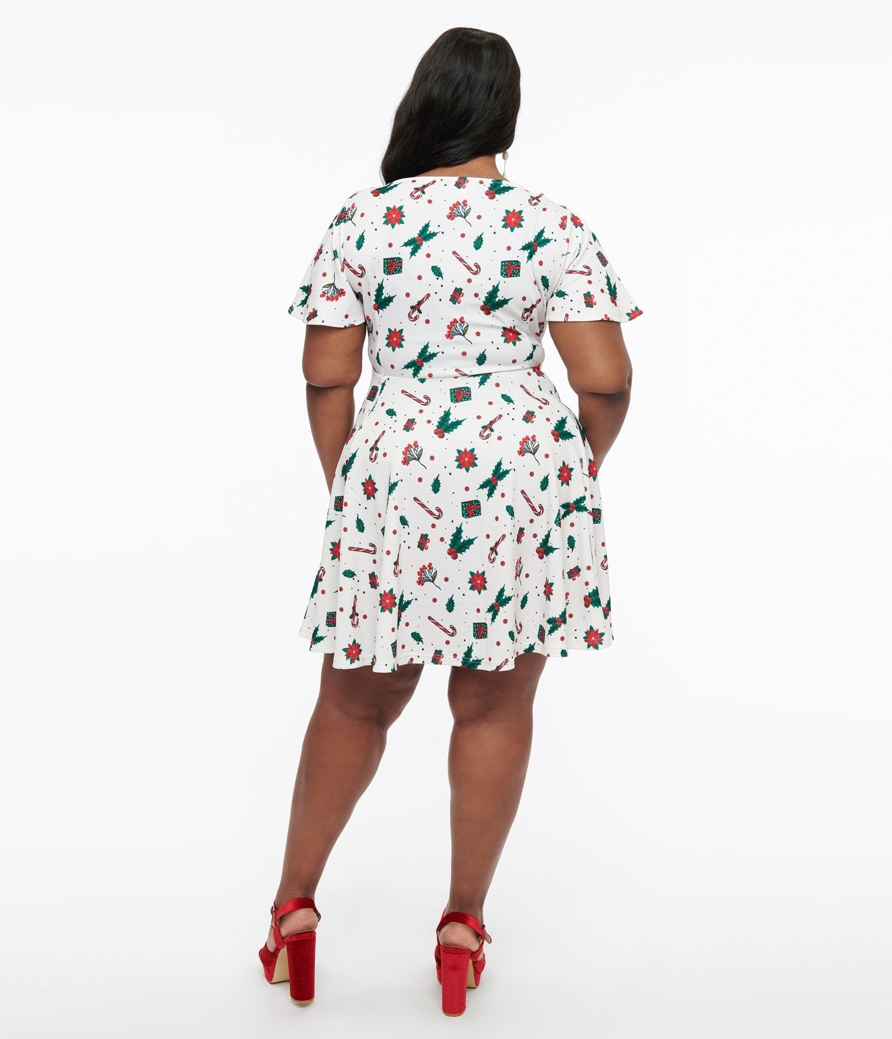 Unique Vintage Plus Size 1950s Ivory Christmas Print Poppy Flare Dress