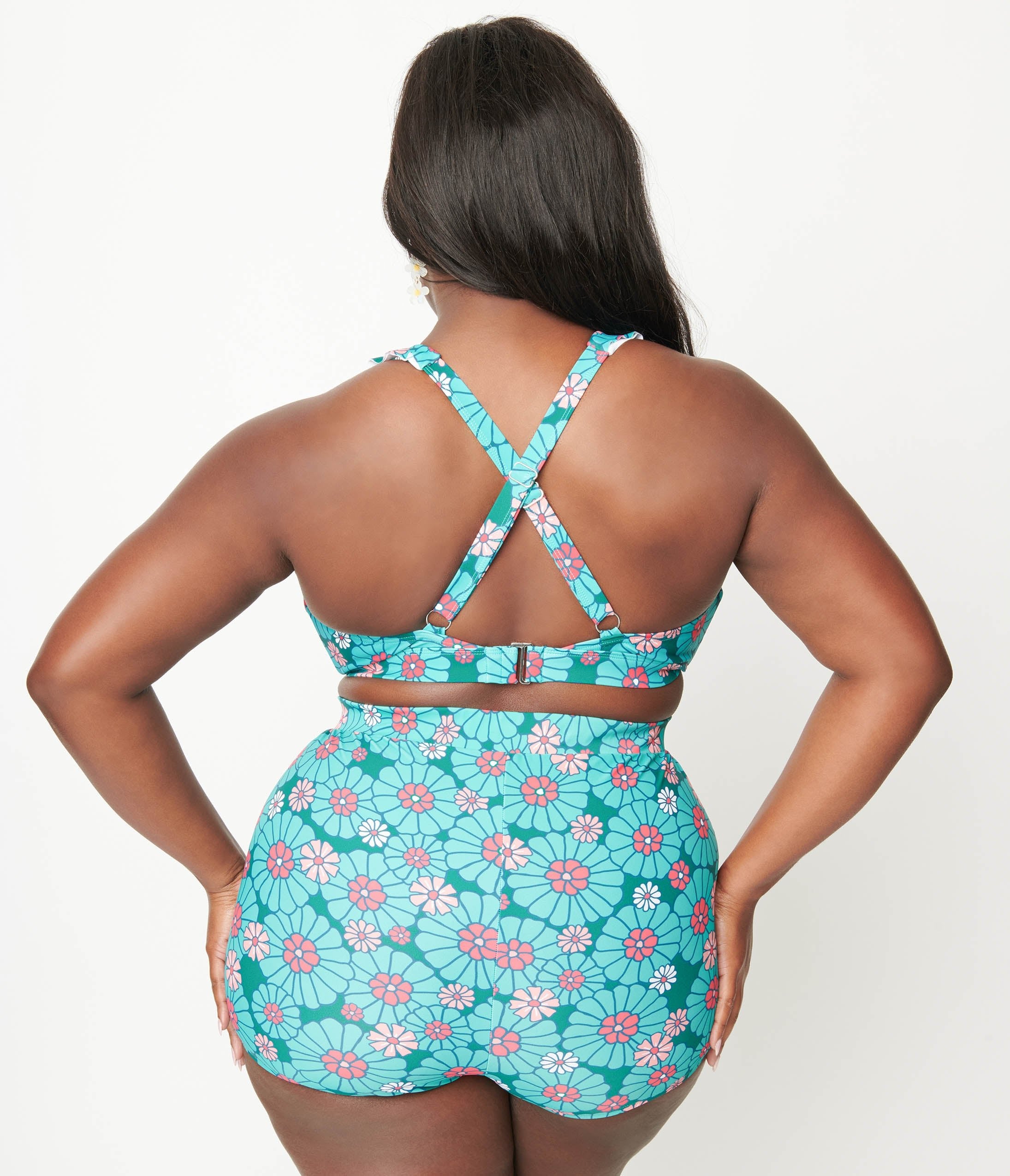 Unique Vintage Plus Size Teal Flower Child Halter Swim Top