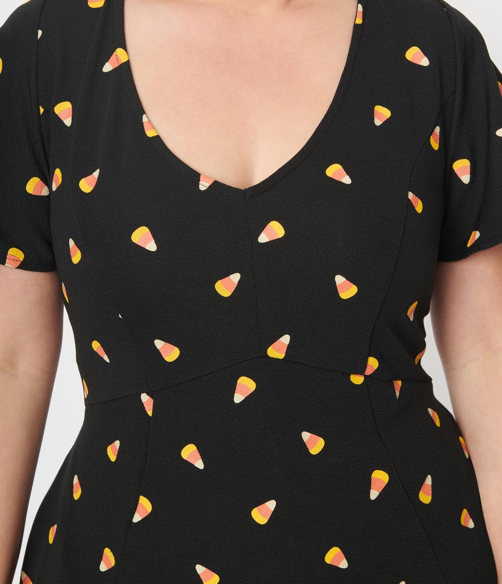 Unique Vintage Black Candy Corn Print Poppy Flare Dress