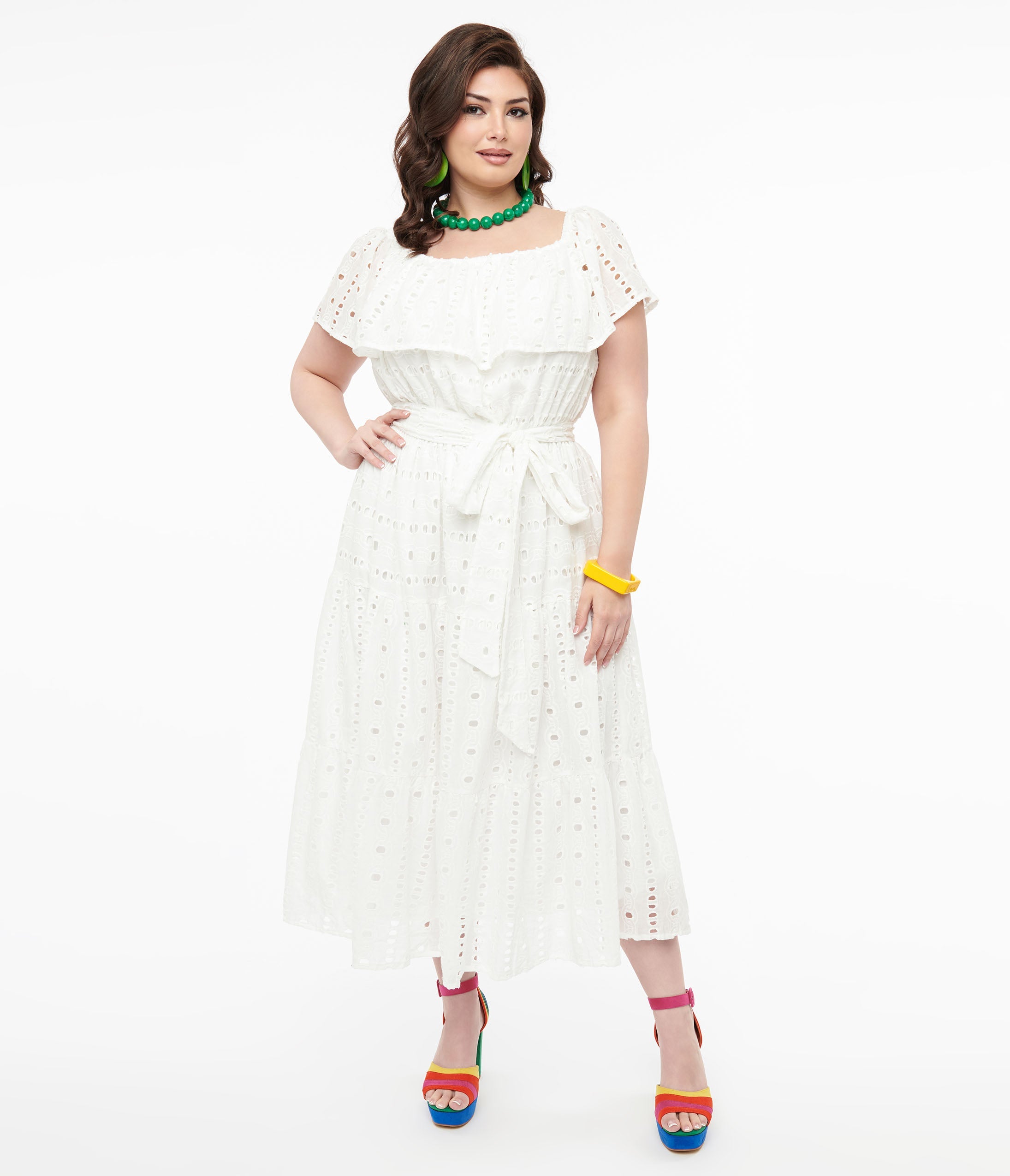 1970s White Eyelet Cotton Off The Shoulder Midi Dress