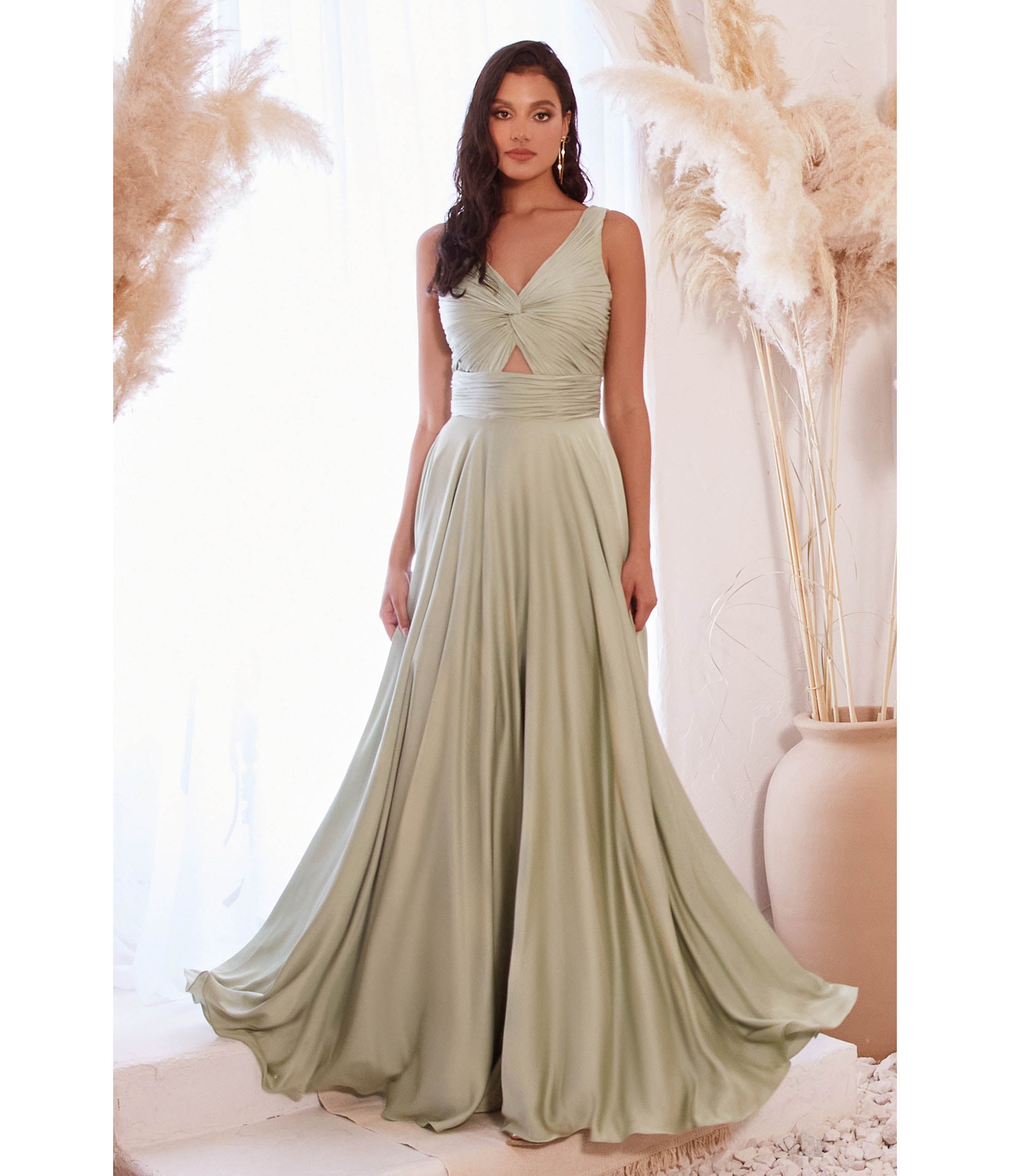 Ladivine by Cinderella Divine Sage Satin Ruched Knotted Keyhole Evening Gown