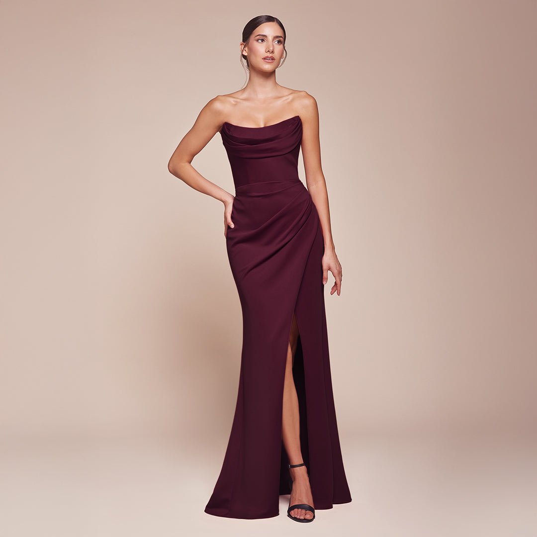 Ladivine by Cinderella Divine Wine Chiffon Strapless Slit Prom Dress