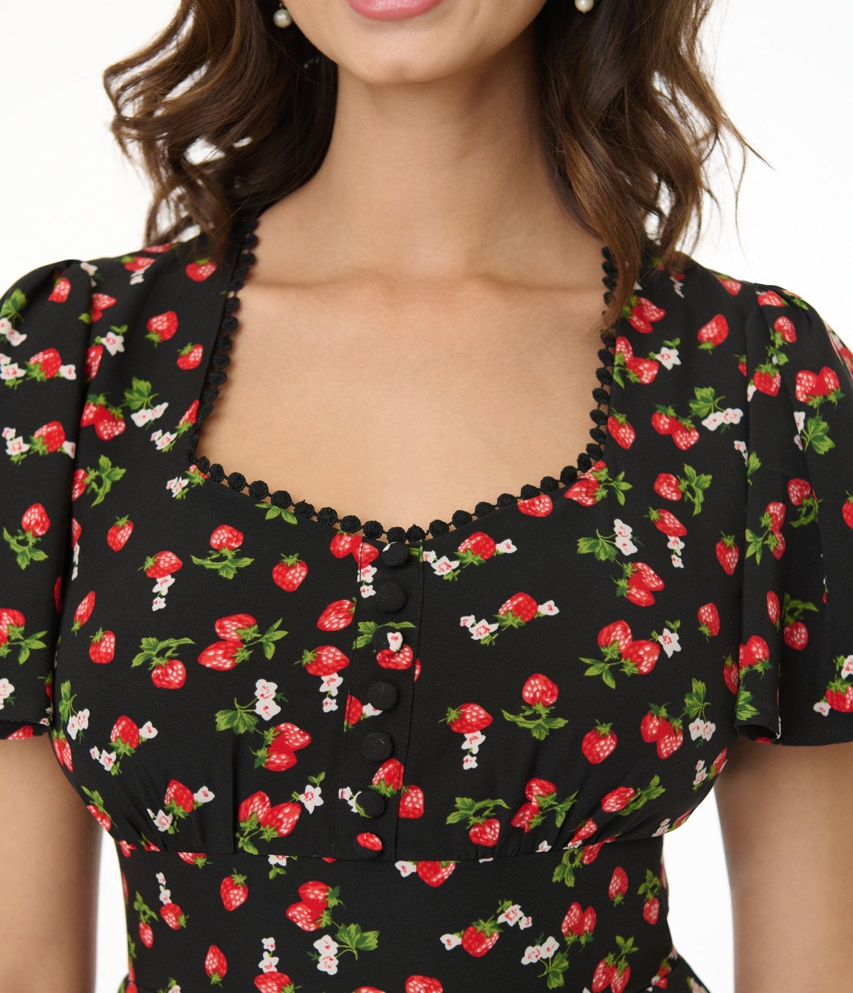 Unique Vintage 1940s Black & Strawberry Print Midi Dress