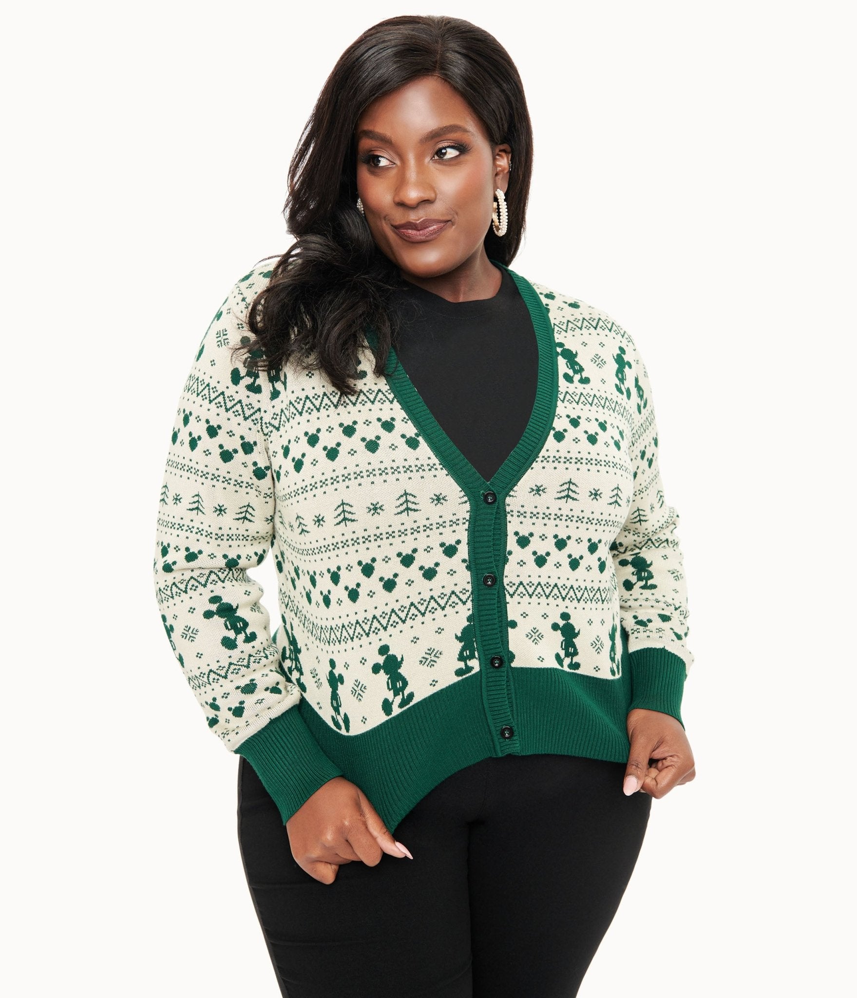 Disney Holiday Collection by Unique Vintage Plus Size Green Mickey Fair Isle Jacquard Sweater Cardigan