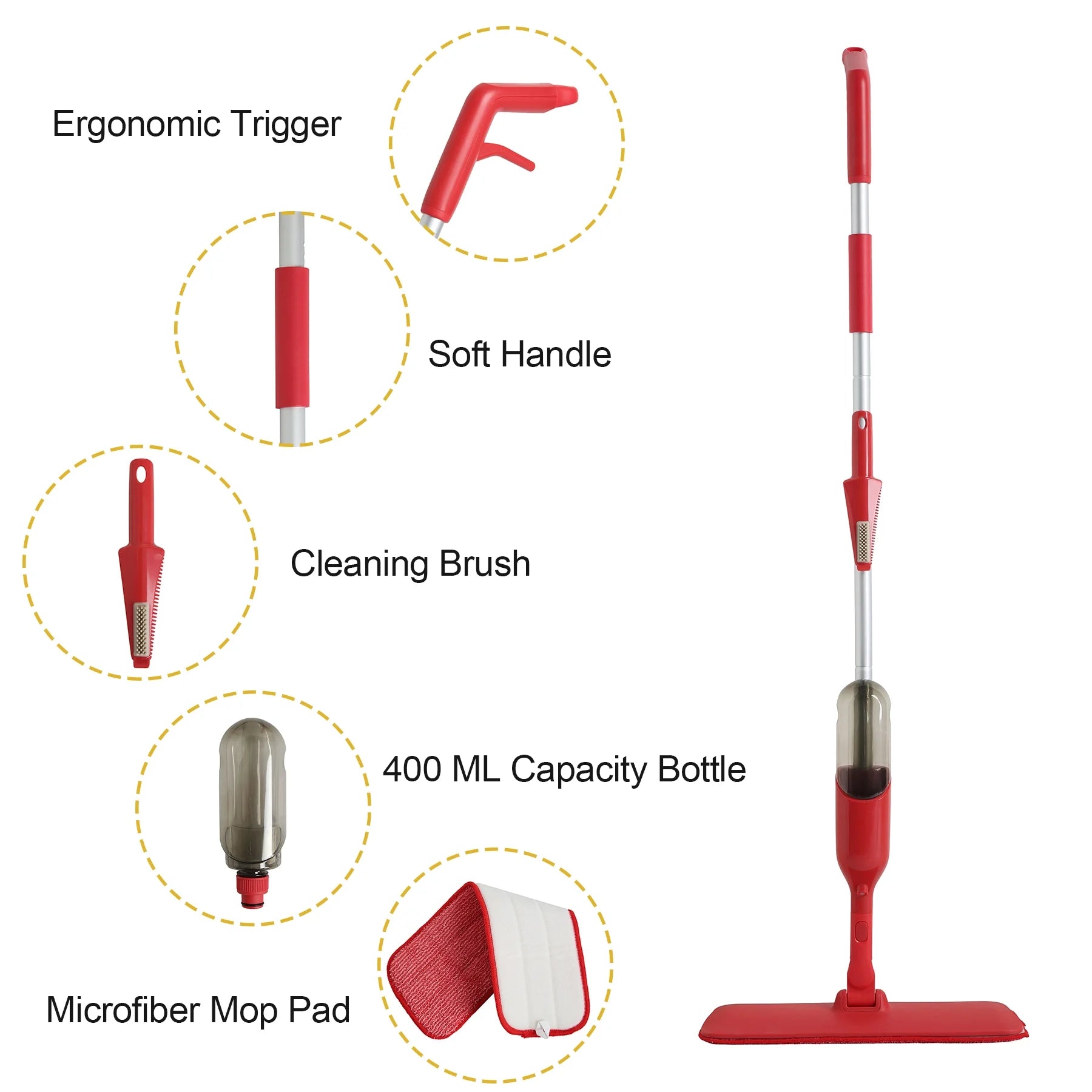 Eyliden Spray Wet Mop With 2 Microfiber Mop Pads For Wood, Tile, Marble Floor Cleaning, Red