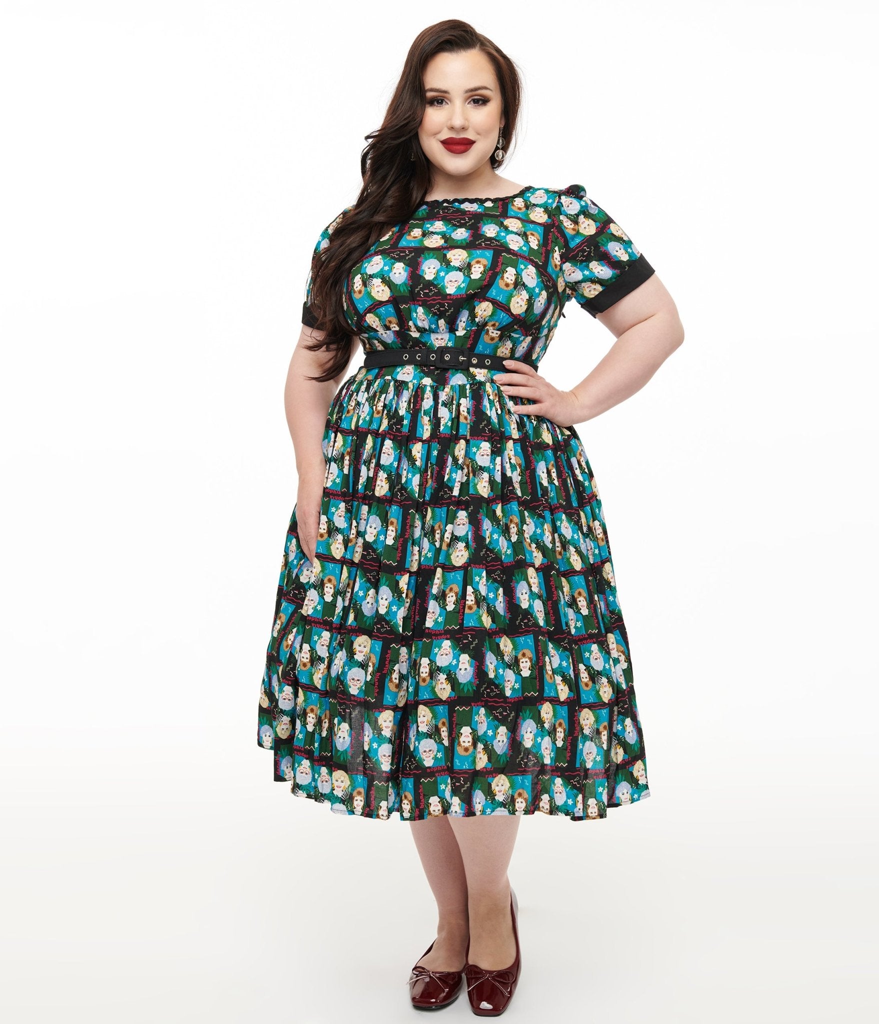 The Golden Girls x Unique Vintage Plus Size Black & Blue The Golden Girls Print Swing Dress