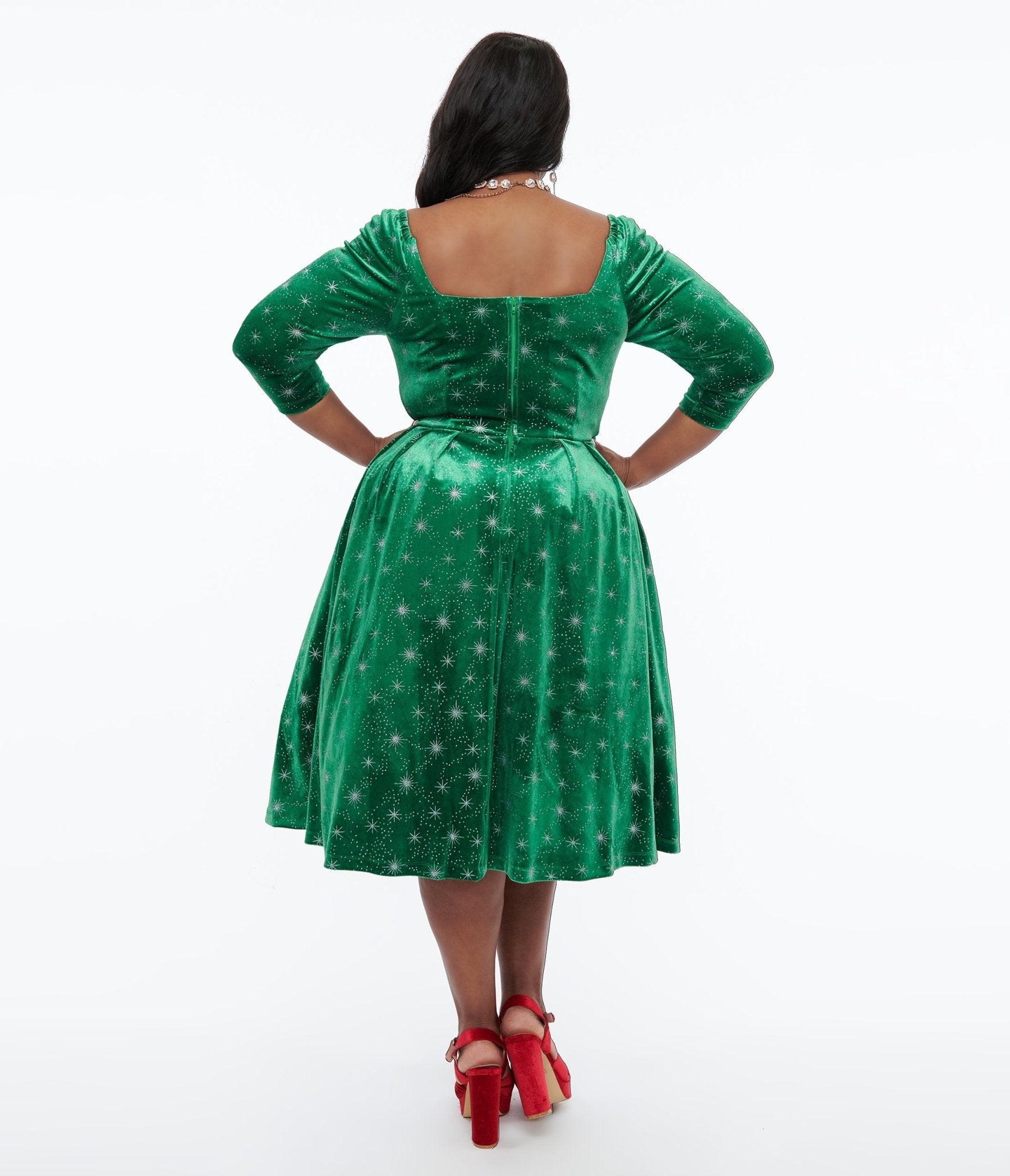 Unique Vintage Plus Size 1950s Green & Silver Snowflake Velvet Lamar Swing Dress