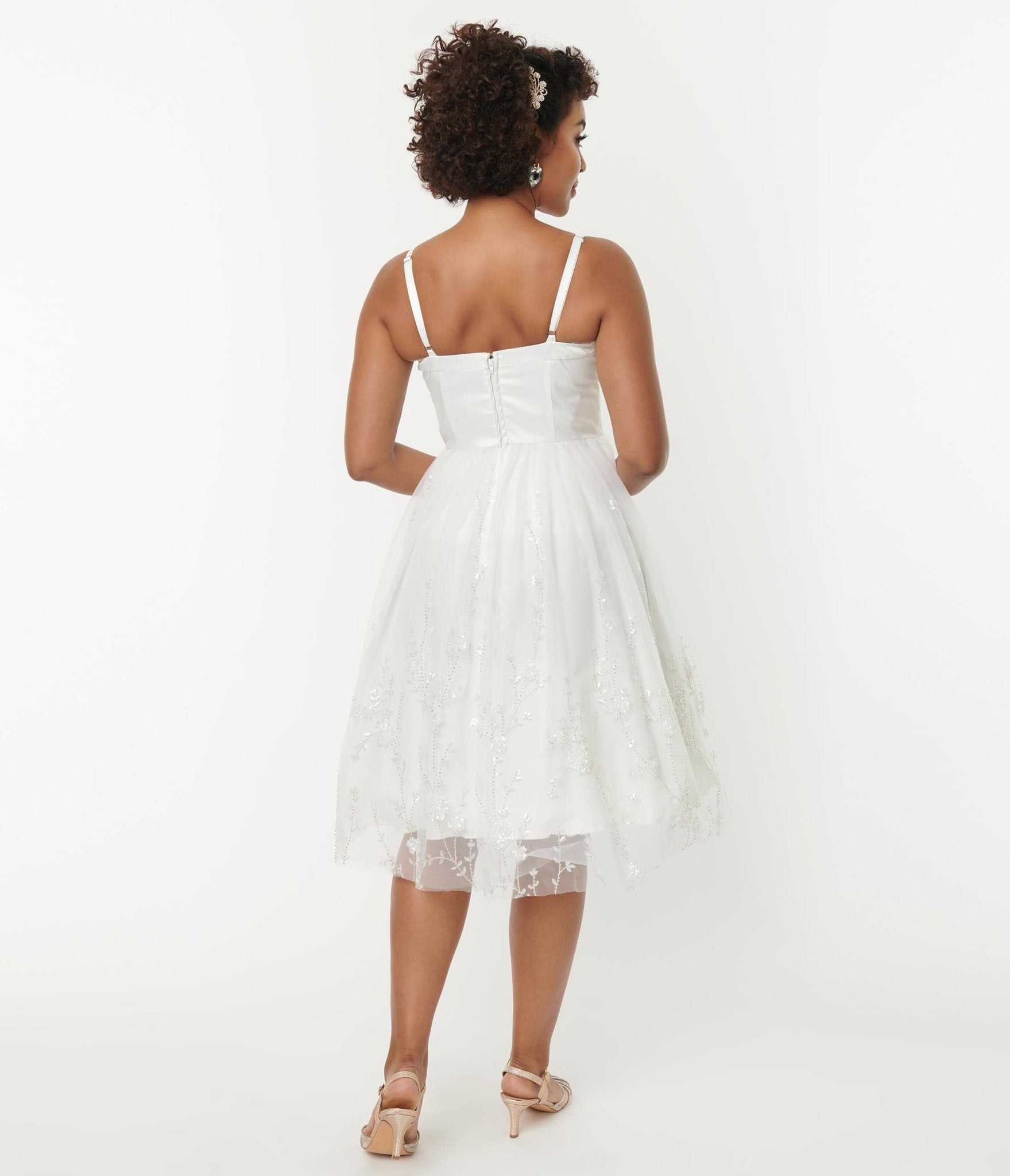 Unique Vintage White Tulle & Floral Beading Bertie Swing Dress