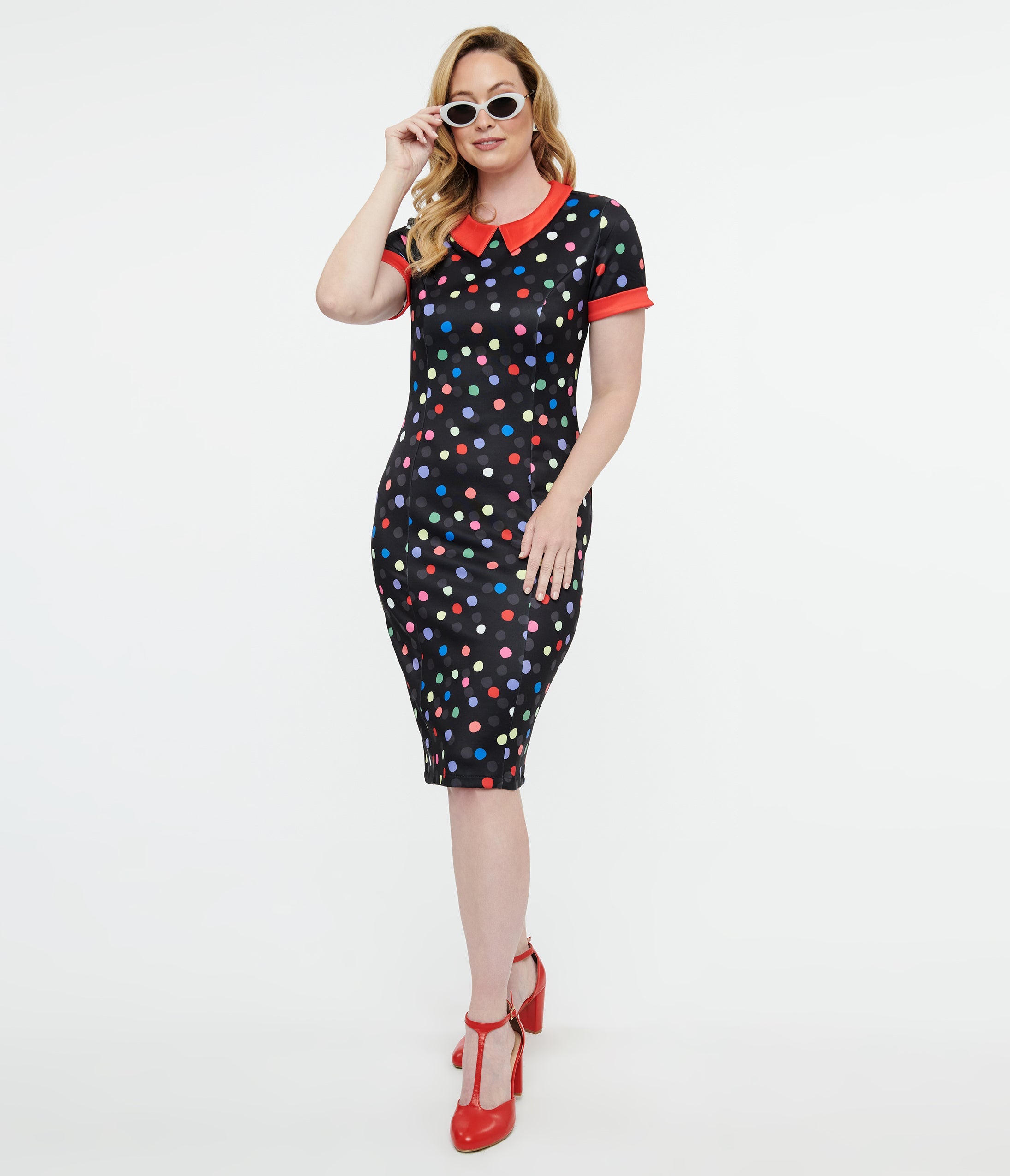 Dolly & Dotty 1950s Black & Rainbow Polka Dot Toni Wiggle Dress