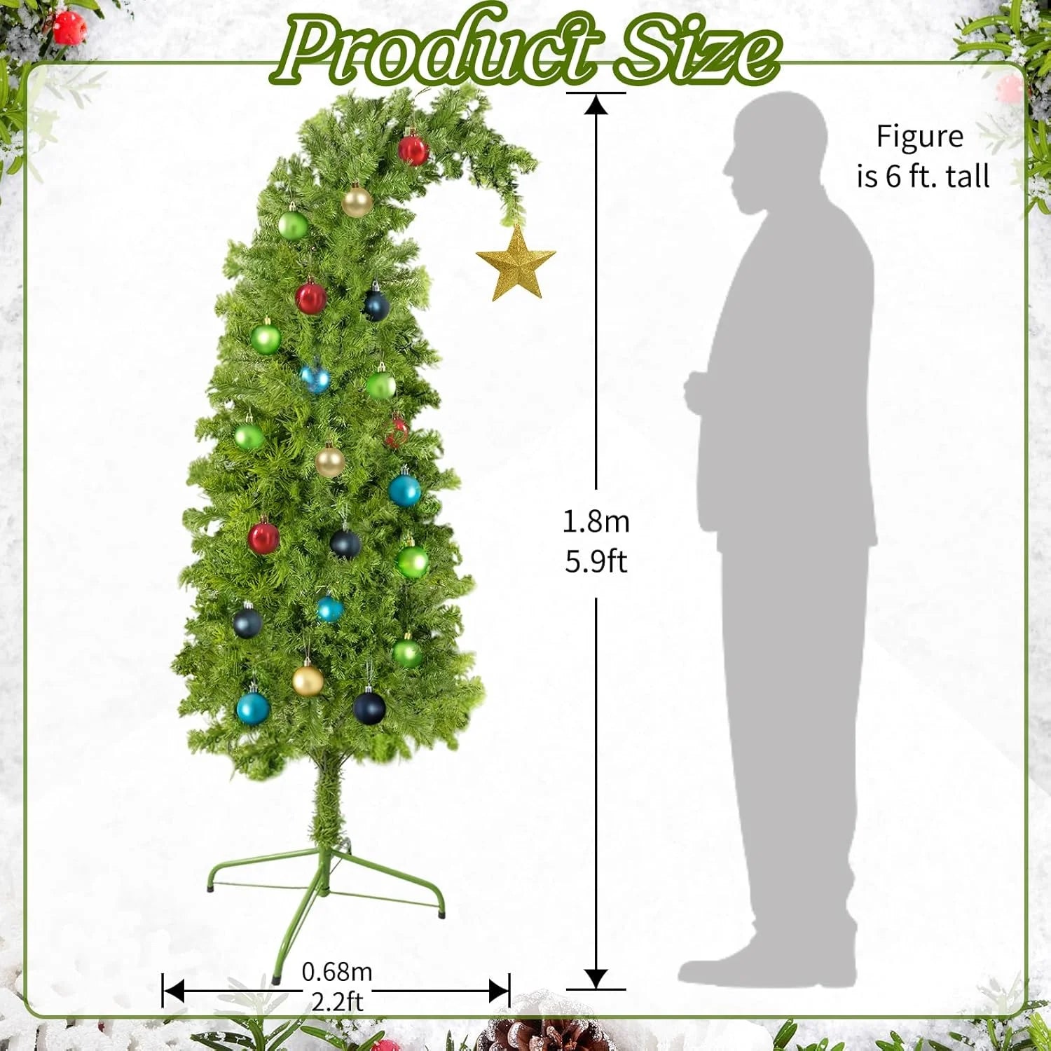 GuassLee Artificial Christmas Tree With Metal Hinges & Foldable Base, 1.8m, Fruit Green - Durable Material