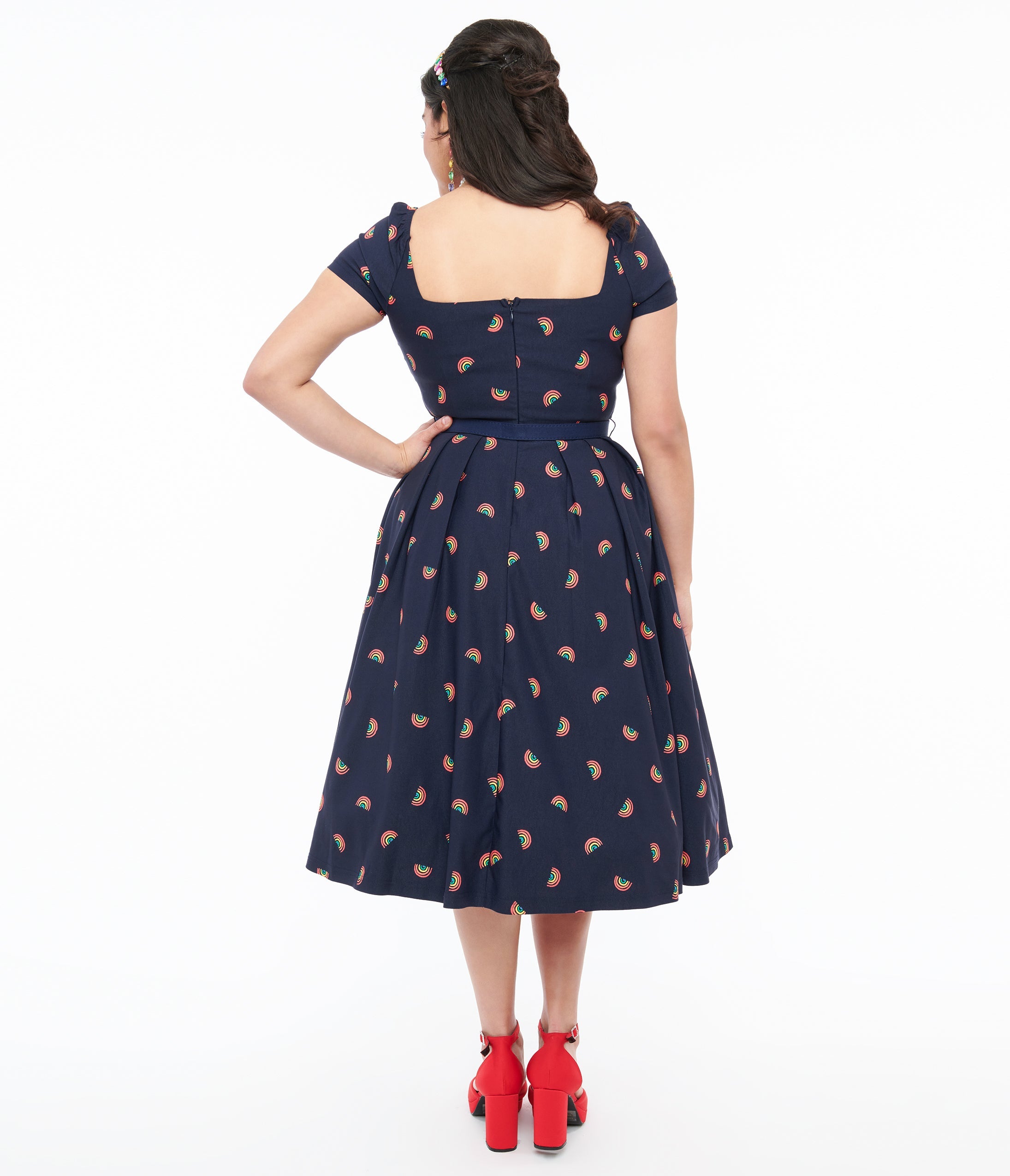 Unique Vintage 1950s Navy & Rainbow Stamp Midge Swing Dress