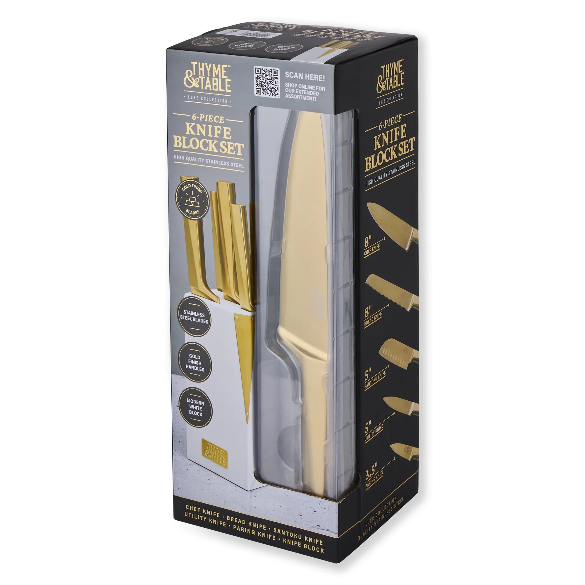 Thyme & Table TT0974R 6-Piece Slim Acacia Knife Block Set with Gold Blades and White Accent Block